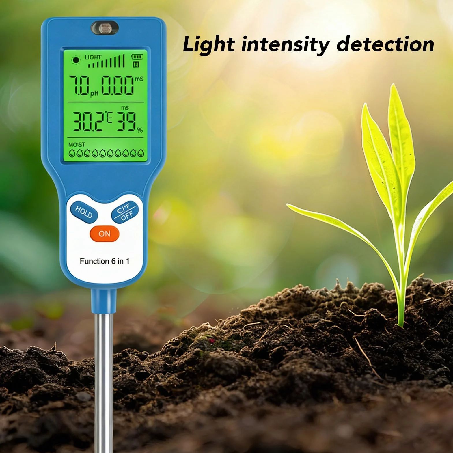 Bewinner Miernik Gleby 6 w 1 PH Wilgotność Światło Temperatura Płodność Podświetlenie LCD Instrument Ogrodniczy