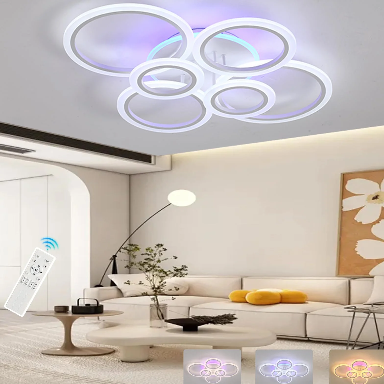Nowoczesna lampa sufitowa LED, żyrandol do salonu 70 W, biała lampa sufitowa z 6 pierścieniami LED, ściemnialna lampa sufitowa 3000K-6000K, oświetlenie wewnętrzne nadaje się do domu i biura,