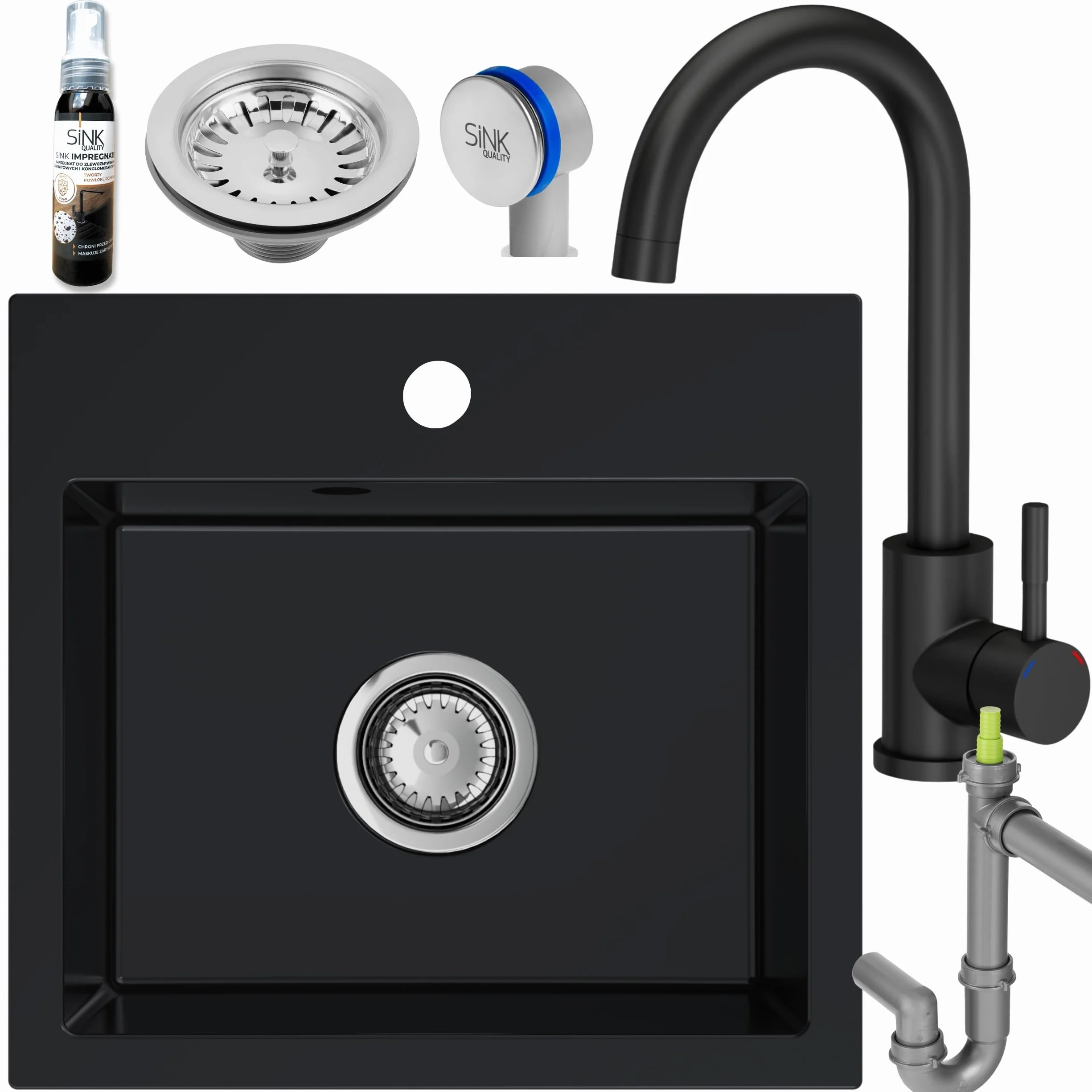 SINK Quality czarny zlewozmywak z armaturą zestaw 45 × 42 cm – zlewozmywak z kranem, syfonem i impregnacją – kompletny zestaw z granitu – zlewozmywak do szafki pod umywalkę od 45 cm
