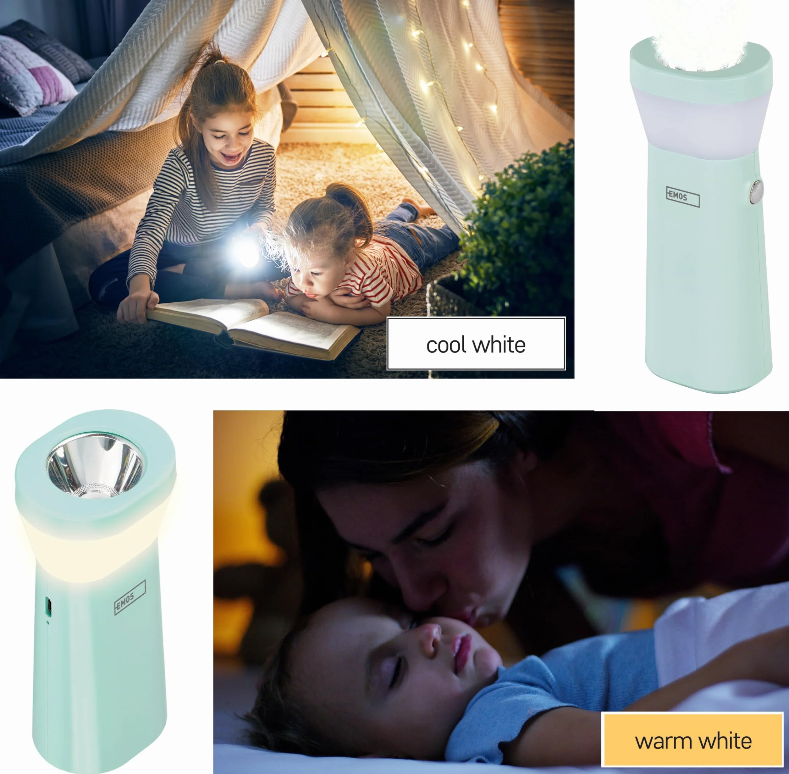 EMOS - Latarka dziecięca i lampka nocna z diodami LED i SMD LED - akumulator litowo-jonowy 800 mAh - czas świecenia 3,5-5 h - zasięg 170 m, jasność 80 lm - w zestawie kabel do ładowania USB-C - kolor