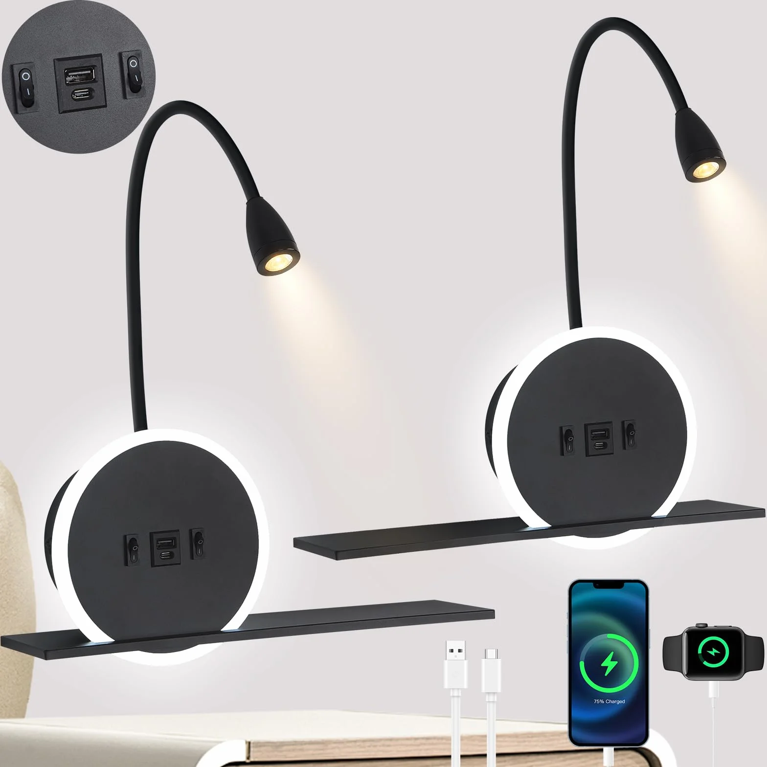 SANSHI Lampa do czytania na ścianie LED z przełącznikiem, lampka do łóżka z USB + złącze ładowania typu C