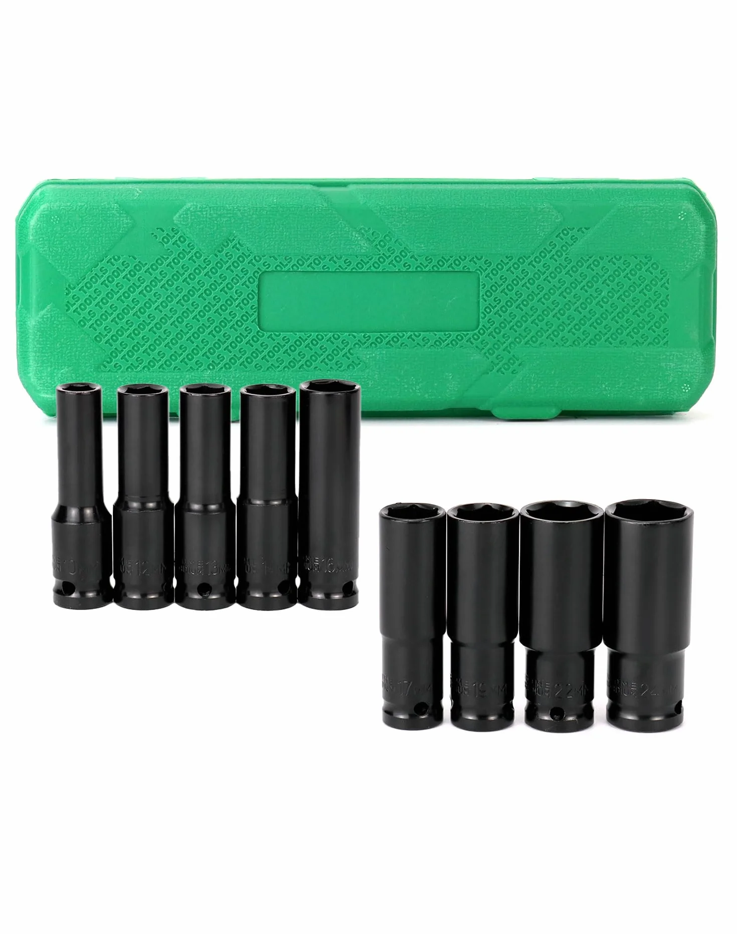 QWORK® 11-częściowy zestaw nasadek udarowych 1/2 cala z adapterem klucza nasadowego 1/4 cala, zestaw długich nasadek metryczny napęd zestaw narzędzi 10-24 mm do wiertarek elektrycznych i