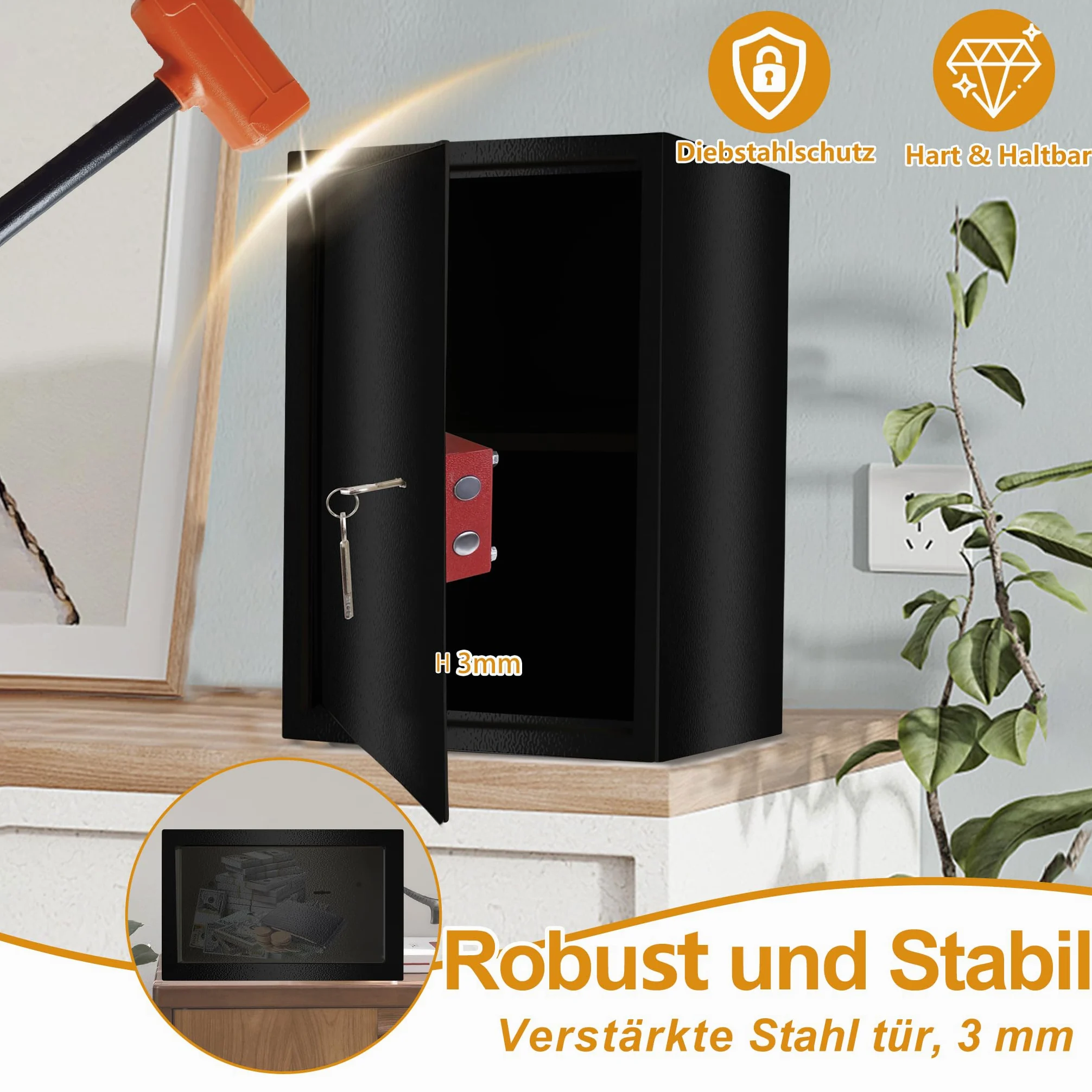 YRHome Sejf meblowy, sejf w rozmiarze XL, 35 x 31 x 50 cm, z 2 zamkiem na klucze i śrubami mocującymi, sejf podłogowy, ścienny, szafka na pieniądze, kolor czarny