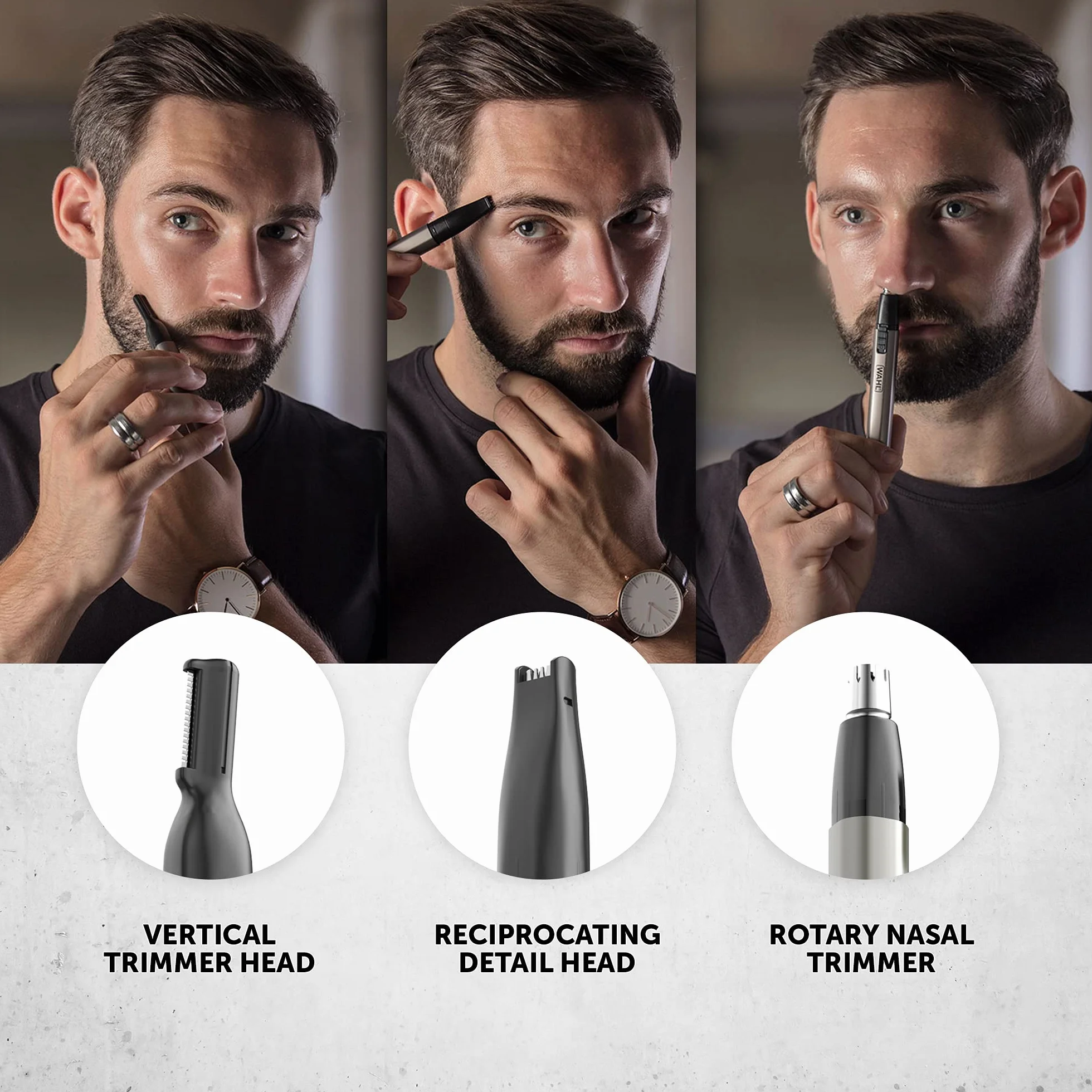 WAHL Micro Groomsman, 3 in 1, Precyzyjny Trymer do Uszu, Nosa i Zarostu, Obrotowy trymer do nosa/uszu, Zasilany na Baterię, Wodoodporne Końcówki, Wodoodporne Końcówki o Długiej Żywotności