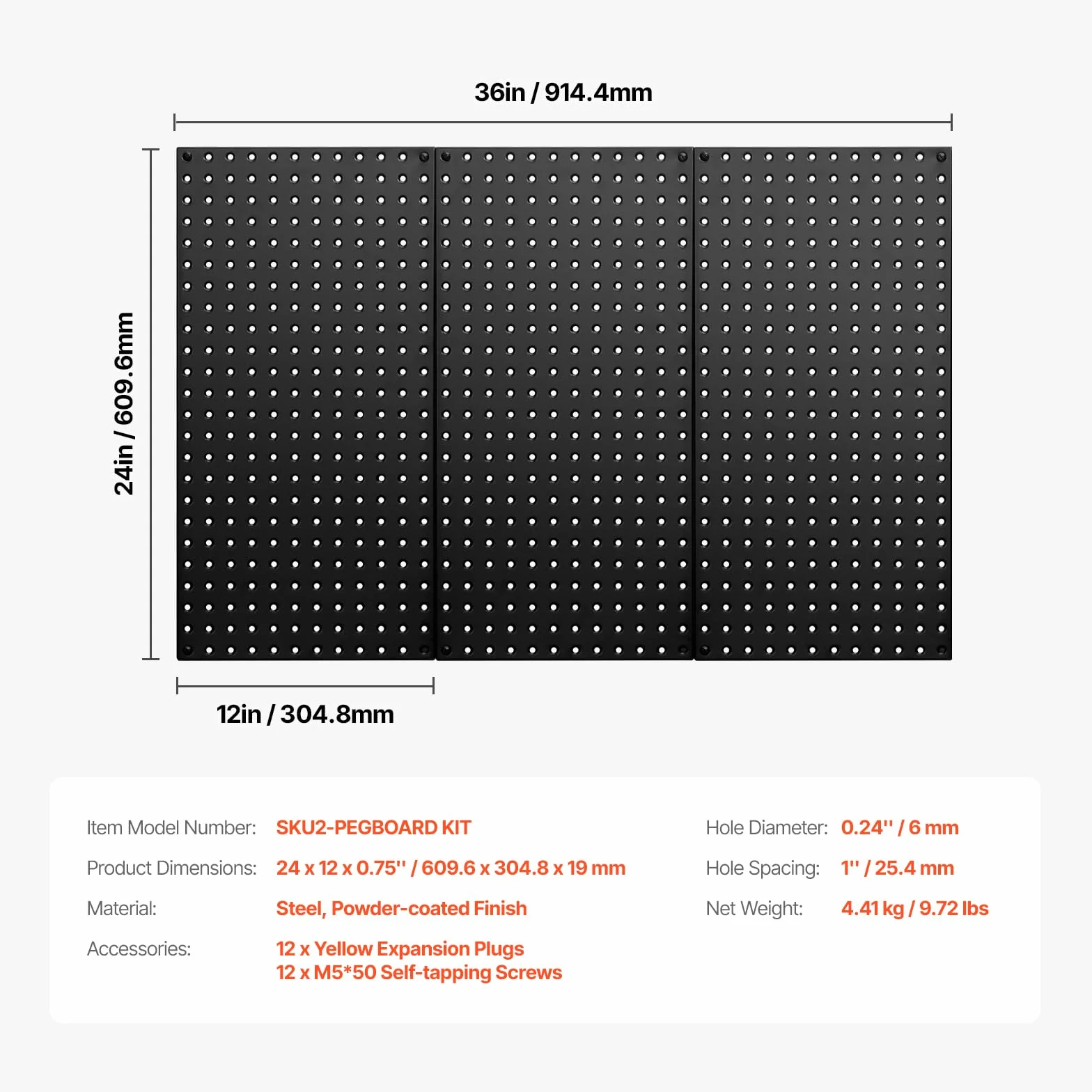 VEVOR Metalowe panele pegboardowe, 61 x 30 cm, 3 panele, wytrzymała stalowa tablica na śledzie, organizer ścienny, do salonu, garażu, przechowywania narzędzi, stołu warsztatowego, organizacji biura,