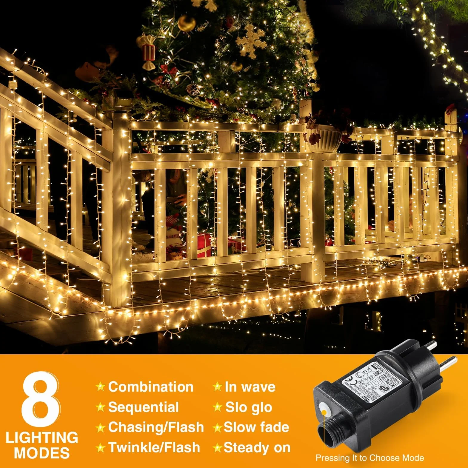 GlobaLink Oświetlenie bożonarodzeniowe 2000 LED, 50 m, łańcuch świetlny na zewnątrz, ciepła biel, wodoszczelność IP44, z 8 trybami pracy, do użytku wewnątrz i na Boże Narodzenie, balustrada, balkon