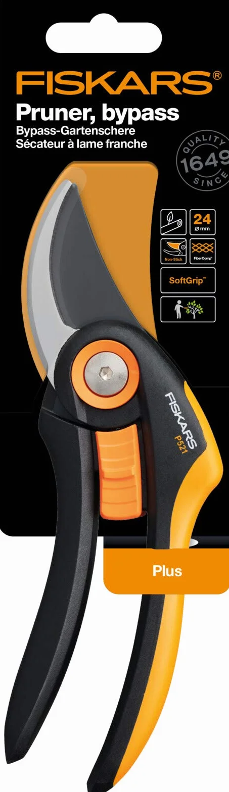 Fiskars Sekator nożycowy, Plus, P521, Do świeżych gałązek i łodyg, Powłoka nieprzywierająca, Ostrza ze stali nierdzewnej, Długość: 20,1 cm, Czarny/Pomarańczowy, 1057167