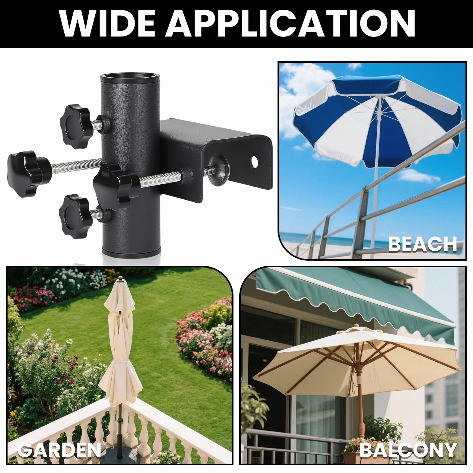 Uchwyt na parasol przeciwsłoneczny, na balkon, prostokątny, zaciskowy, regulowany uchwyt balkonowy do zaciskania 63-20 mm, średnica parasola 23-38 mm