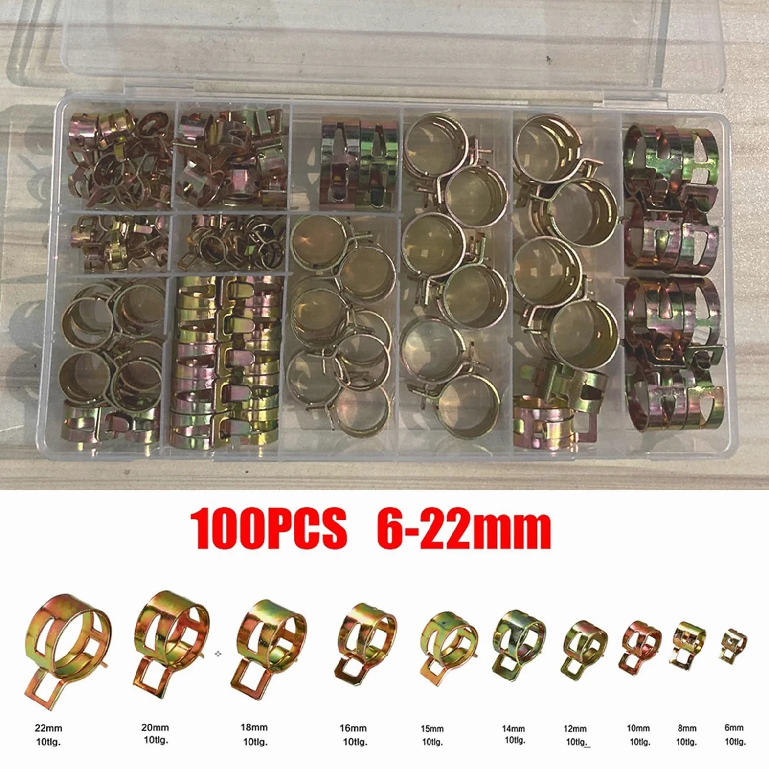 100 szt. Ocynkowane opaski zaciskowe do węża sprężynowego 6-17/22 mm - trwałe elementy złączne do przewodów paliwowych, rur wodociągowych i rur
