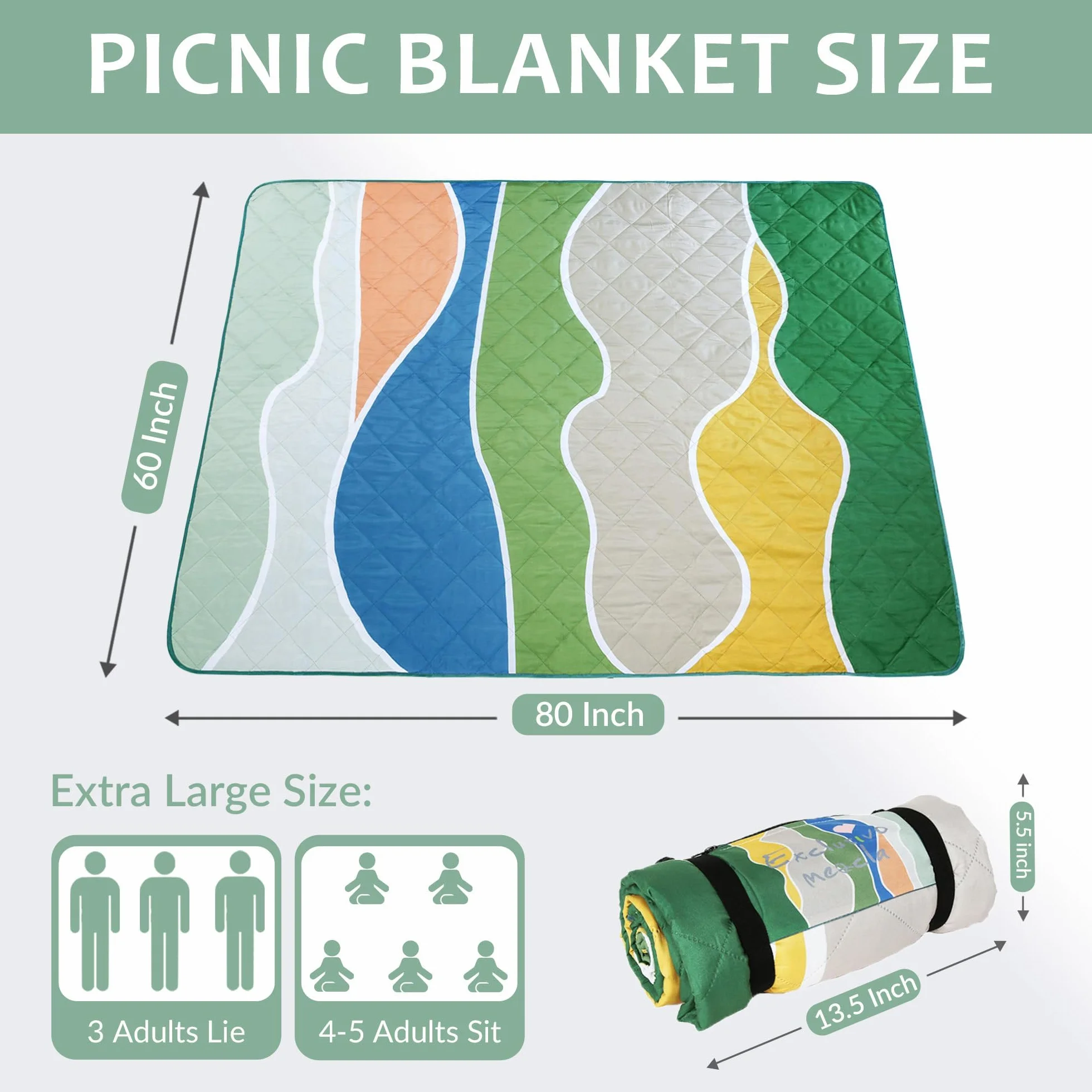 Exclusivo Mezcla Wodoodporne koce piknikowe, 3-warstwowe, 152 x 203 cm, duży, odporny na piasek koc plażowy, składany koc na zewnątrz do biwakowania na trawie, mata piknikowa