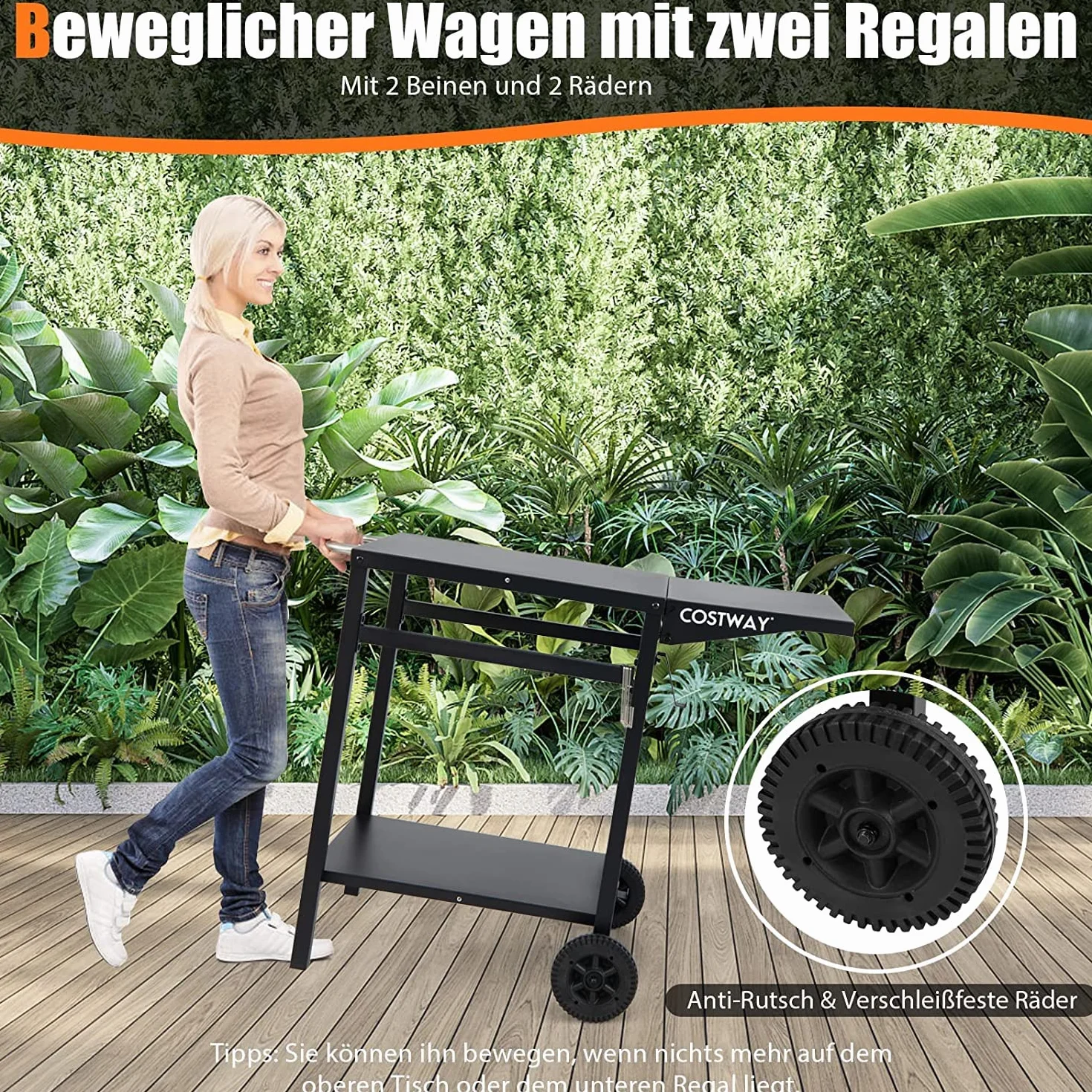 COSTWAY Wózek grillowy ze składanym blatem, ruchomy stół kempingowy z 2 półkami i 4 haczykami, metalowy stół do grillowania na zewnątrz, wózek do grillowania i kuchni na świeżym powietrzu