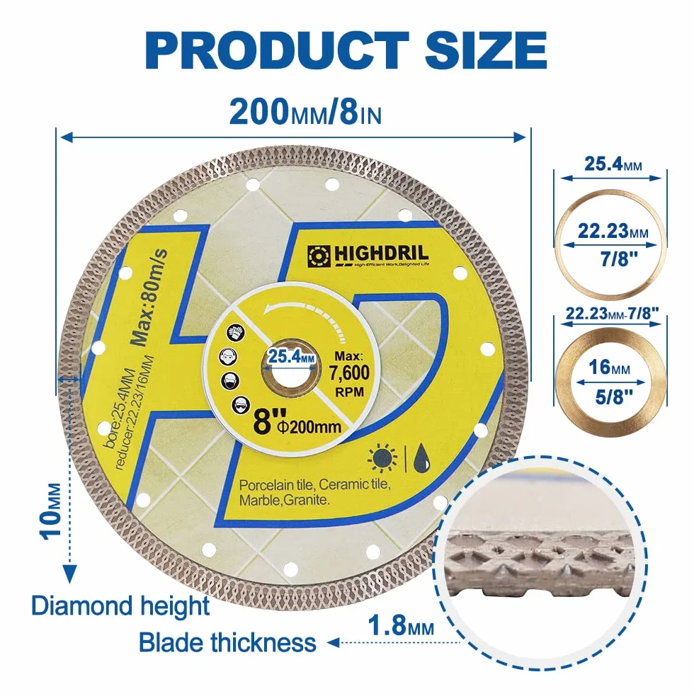 HIGHDRIL Diamentowa tarcza do cięcia – 3 sztuki 200 mm tarcza diamentowa do cięcia płytek porcelanowych płytek ceramicznych granitu marmuru do użytku na sucho lub na mokro tarcza do piły tarczowej z Turbo X Mesh