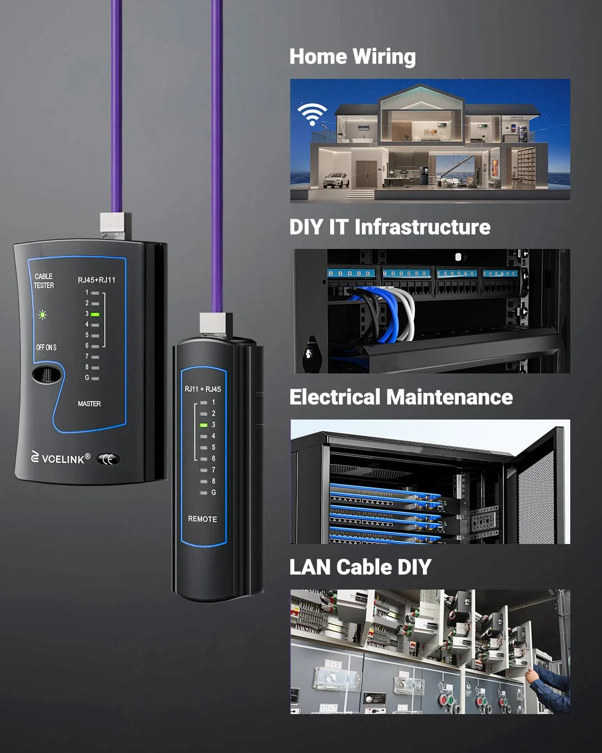 VCELINK Tester kabli sieciowych, tester RJ45 LAN do kabli CAT7, CAT6, CAT5E, CAT5 i kabla telefonicznego RJ11, czarny, 1 sztuka