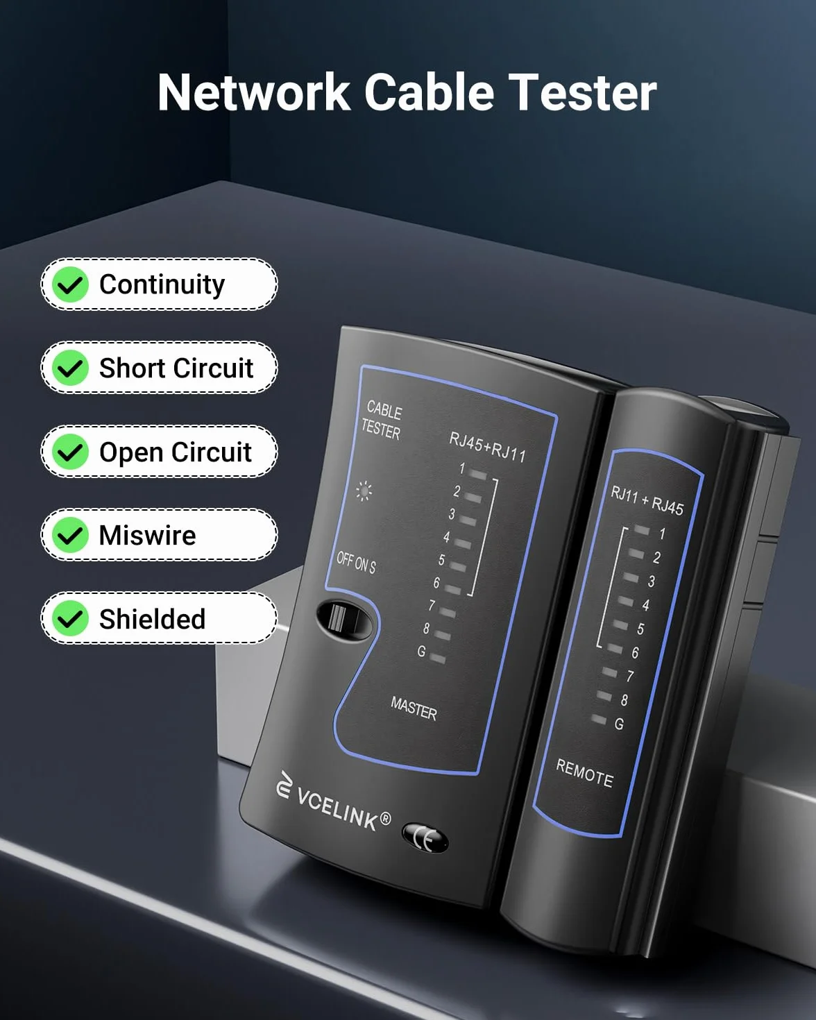 VCELINK Tester kabli sieciowych, tester RJ45 LAN do kabli CAT7, CAT6, CAT5E, CAT5 i kabla telefonicznego RJ11, czarny, 1 sztuka