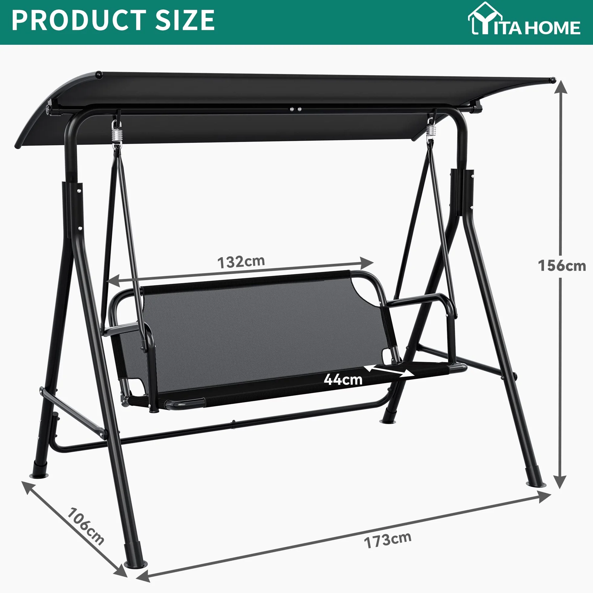 YITAHOME Huśtawka Hollywood 3-osobowa 173x106x156 cm 270 kg z daszkiem przeciwsłonecznym