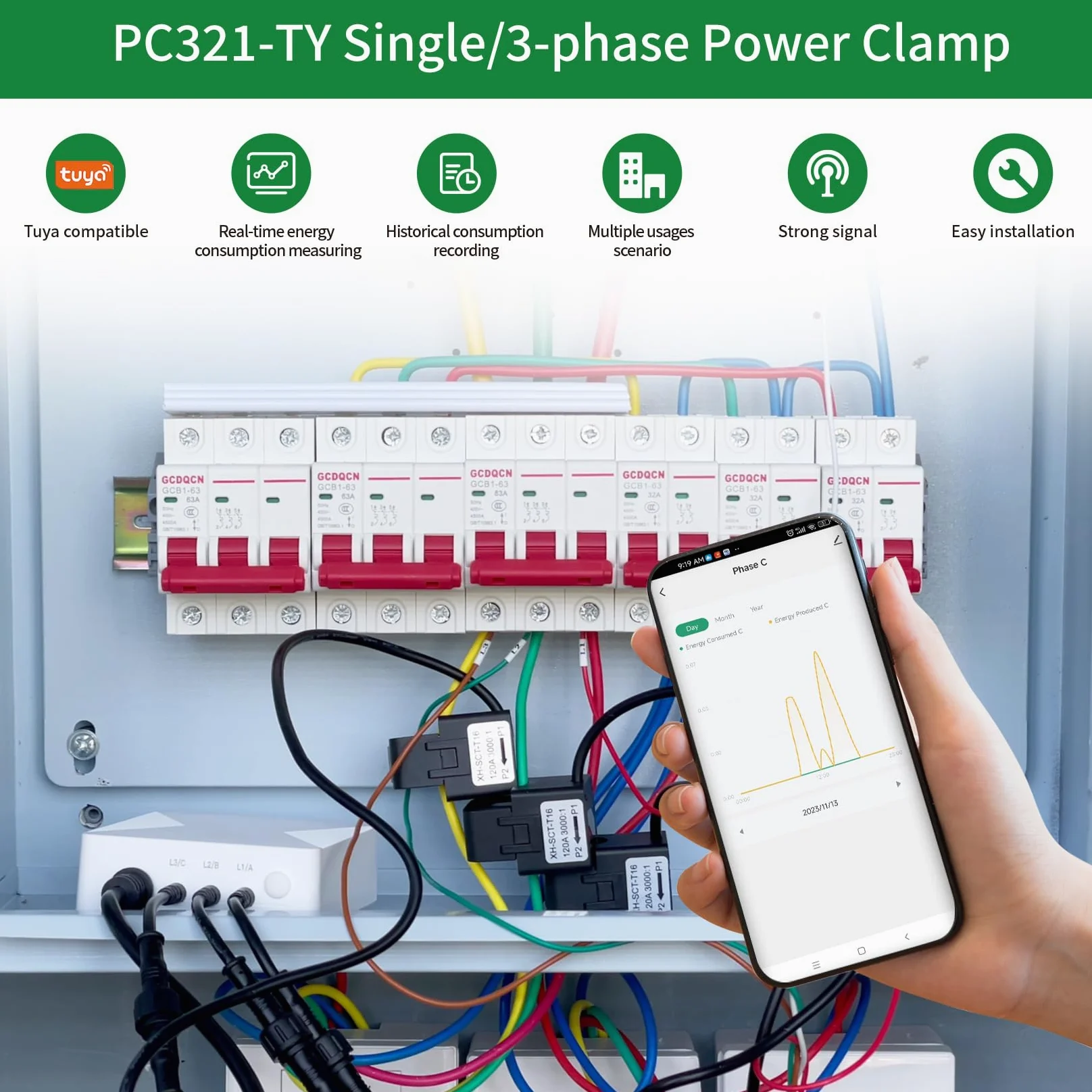 OWON 3-fazowy monitor energii WiFi, inteligentny dom, 3-fazowy miernik zaciskowy z 3 czujnikami poziomu obwodu 200 A, Vue - monitor energii elektrycznej w czasie rzeczywistym/miernik prądu