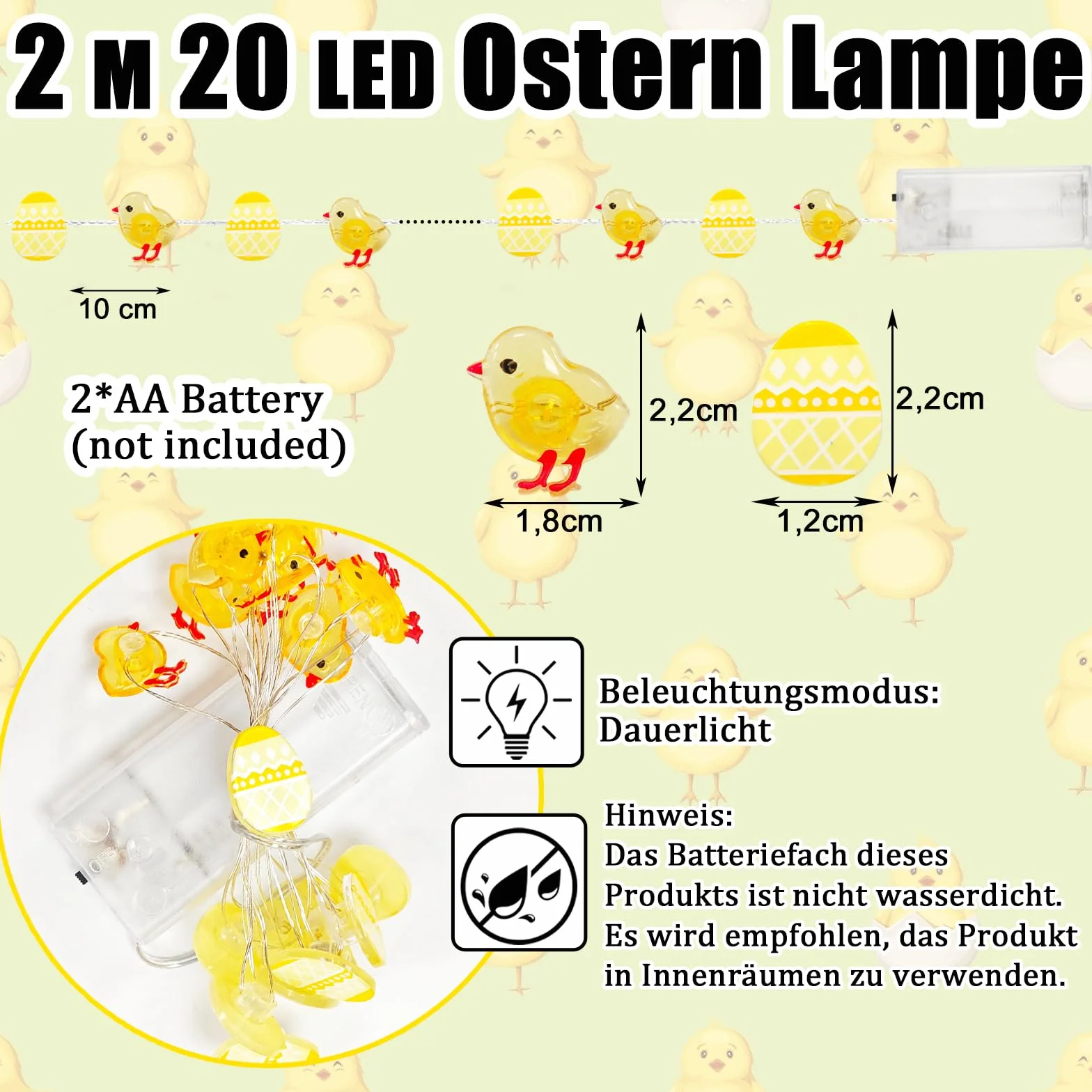 Koboko łańcuch świetlny na Wielkanoc, 2 m, 20 diod LED, dekoracja wielkanocna, łańcuch świetlny na baterie, łańcuch świetlny LED, dekoracja wielkanocna, do użytku wewnątrz i na zewnątrz, na imprezę