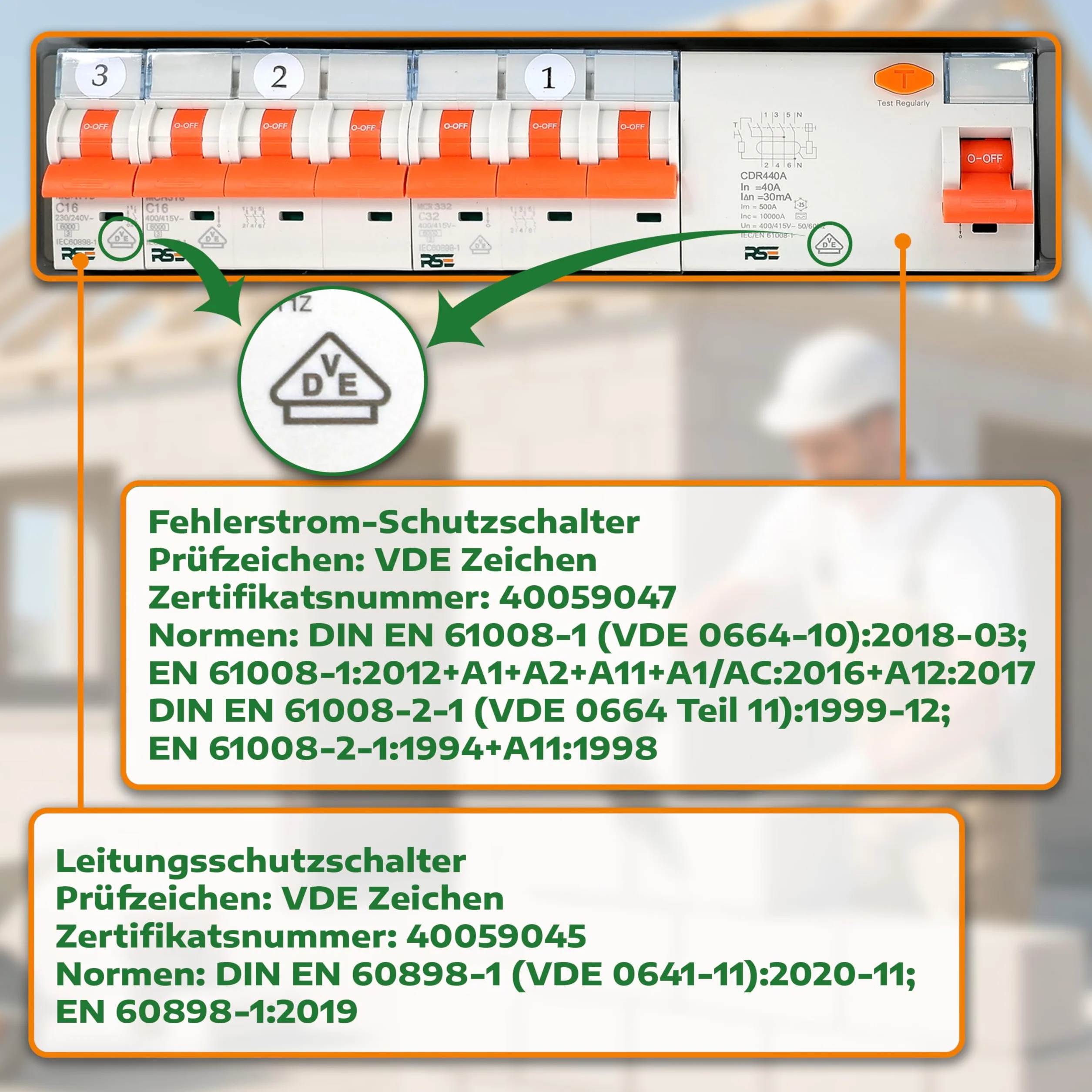 RSE Rozdzielacz prądu budowlanego rozdzielnica ścienna w pełni okablowany 230 V Schuko z licznikiem do wyboru IP65, 9. 6 x 230 V z LS + FI + licznikiem