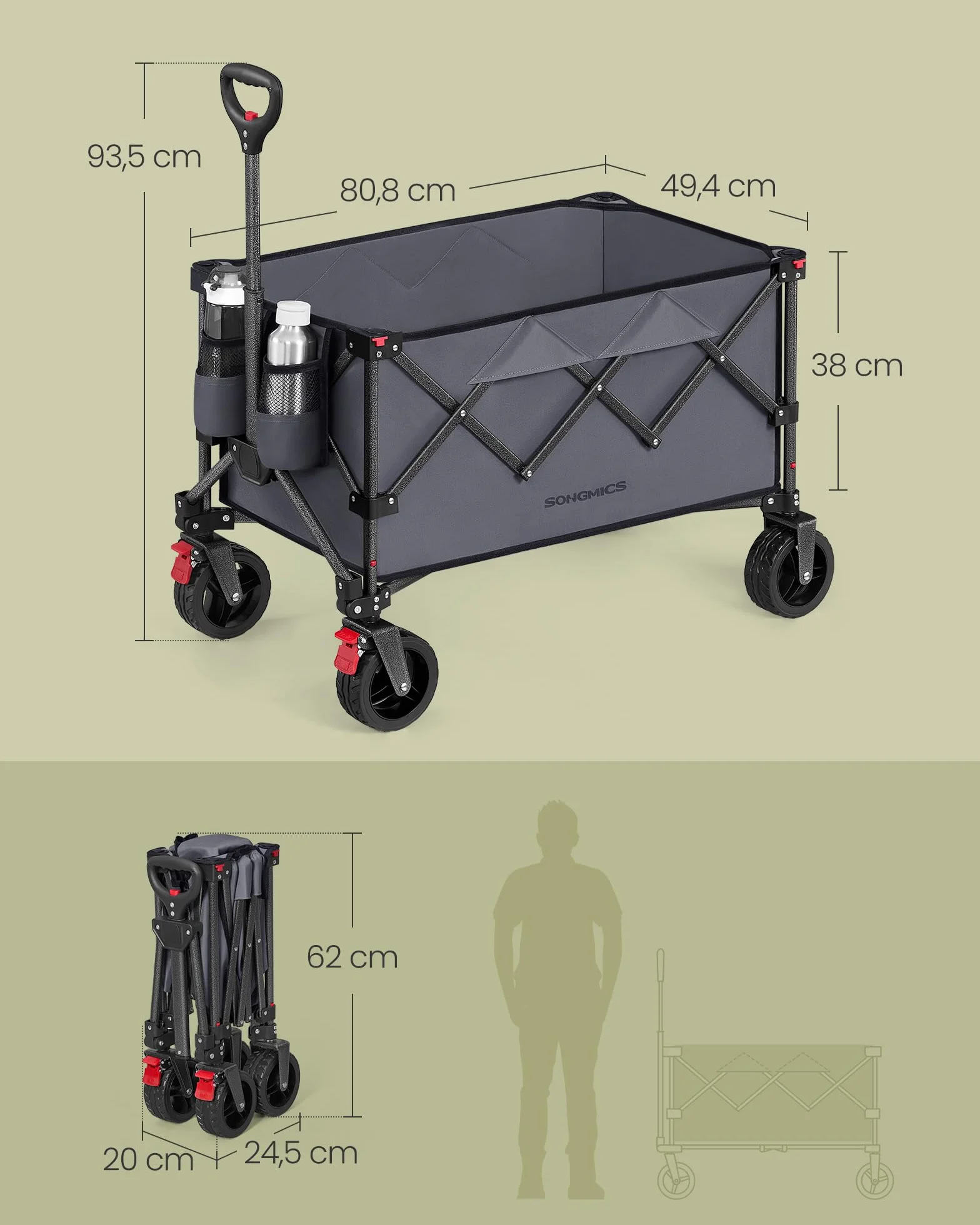 SONGMICS Składany wózek ręczny, 150 l, ładowność do 150 kg, kempingowy z uchwytem, ​​4 zdejmowane koła, oszczędność miejsca, na zewnątrz, ogród, łupkowy szary GFW115G01