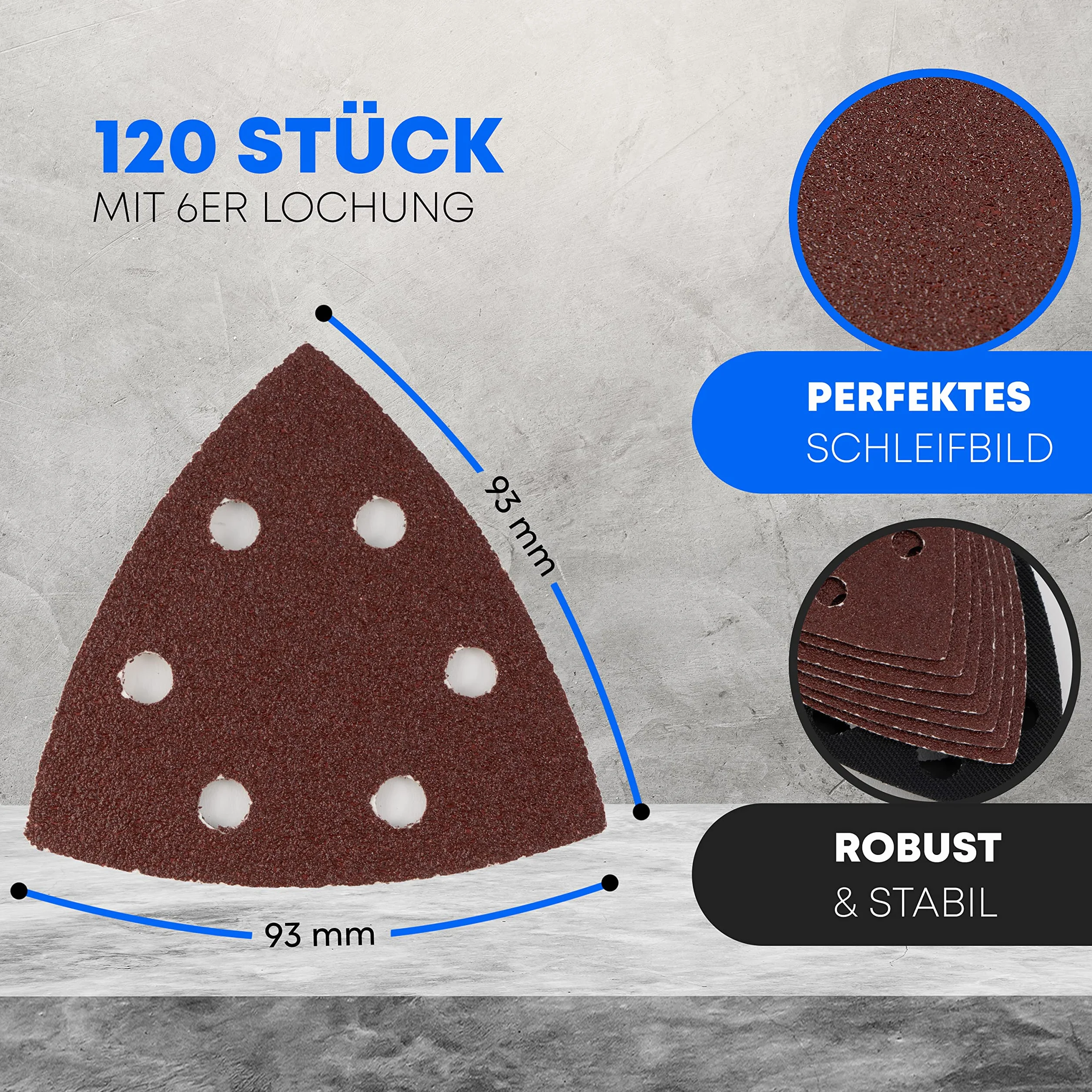 120 sztuk/trójkątne tarcze szlifierskie Delta / 6 otworów / 93 x 93 x 93 mm/po 20 x ziarno 40-60 - 80-120 - 180-240 / do szlifierek delta/arkuszy szlifierskich / trójkątnych podkładek szlifierskich / papieru ściernego