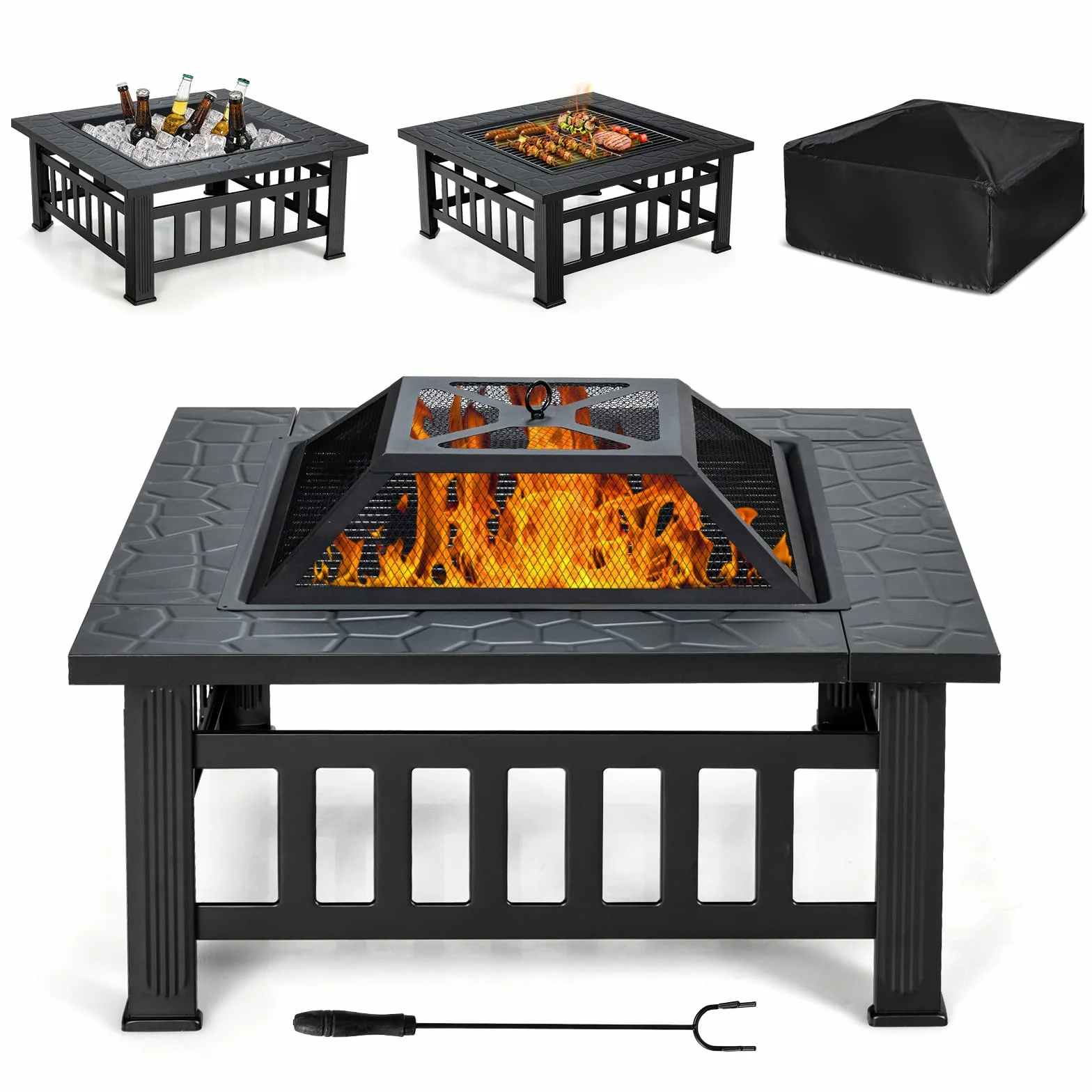 COSTWAY Palenisko z rusztem 3 w 1 z ochroną przed iskrami 81 x 81 x 50 cm Fire Pit do ogrodu czarny