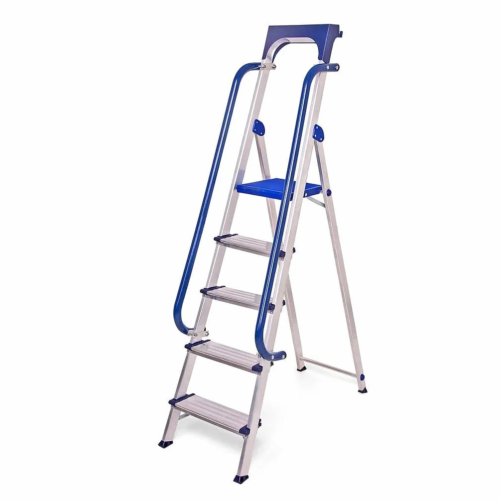 5-stopniowa drabina Secure Pro, wzmocnione aluminium, zabezpieczona poręczami, półka z uchwytem narzędziowym, wysokość platformy 112cm, obciążenie 150kg Hostrom