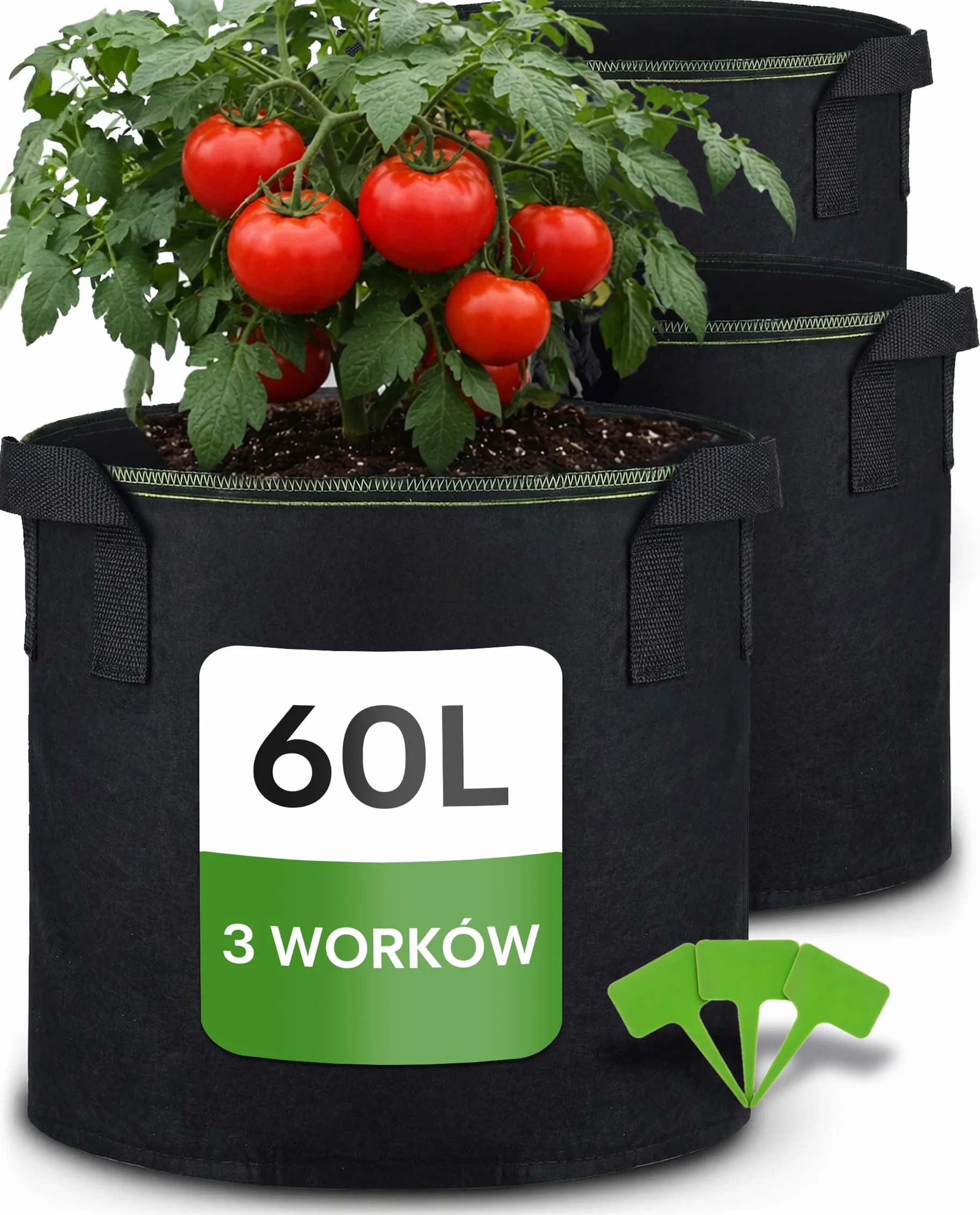 Worek do sadzenia 60L, 3 torba na rośliny z etykietami, z uchwytem
