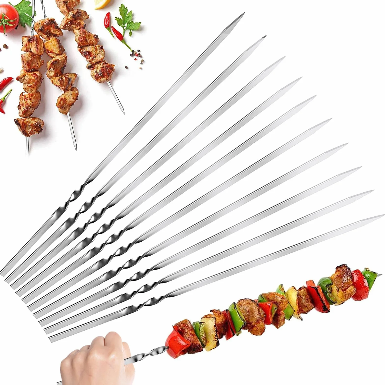 50 sztuk nierdzewnych płaskich szpikulców do grillowania, 30 cm długości, zestaw do grilla mięsa, szaszłyków i warzyw