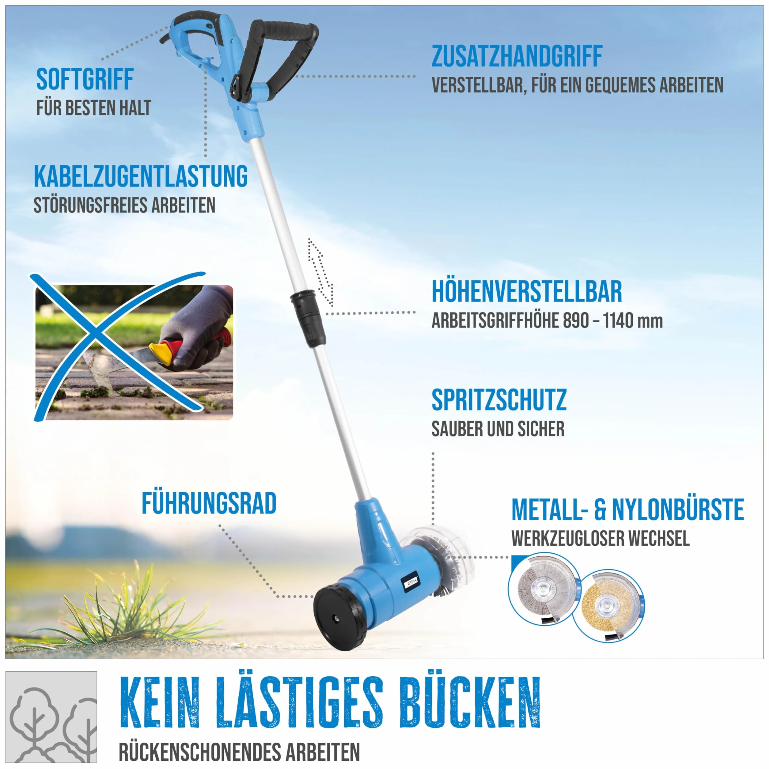 Güde GFR 401 środek do czyszczenia fug (230 V, 400 W, prędkość obrotowa silnika 1800 1/min, wysokość uchwytu roboczego 89-114 cm, miękki uchwyt, ochrona przed rozpryskiwaniem, koło prowadzące, 1 x