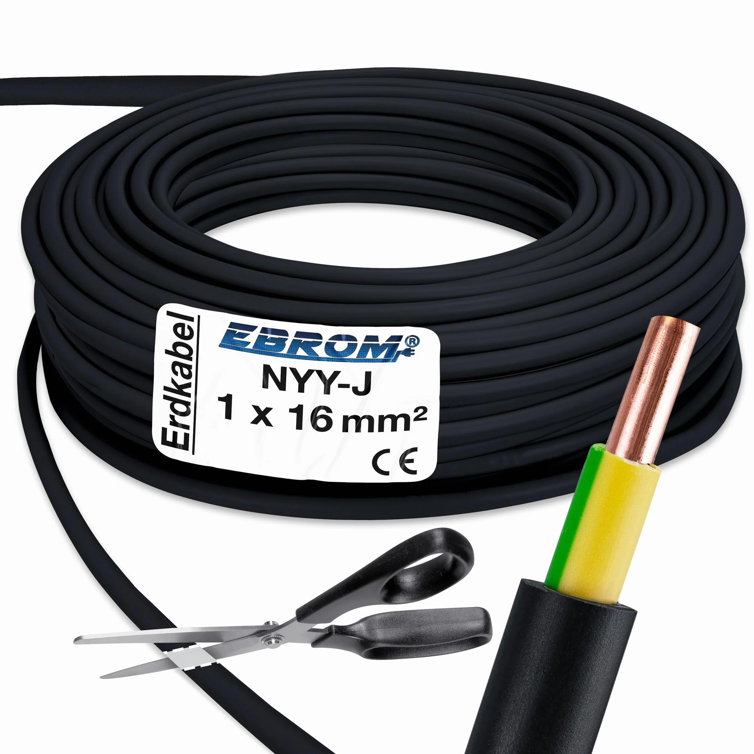 EBROM Kabel uziemiający NYY-J 1 x 16 mm², kabel zasilający PCW, przewód uziemiający z ochroną odgromową - czarny, towar sprzedawany na metry, wybór w odstępach 1 metra, 1 x 16 mm², długość: 10 m