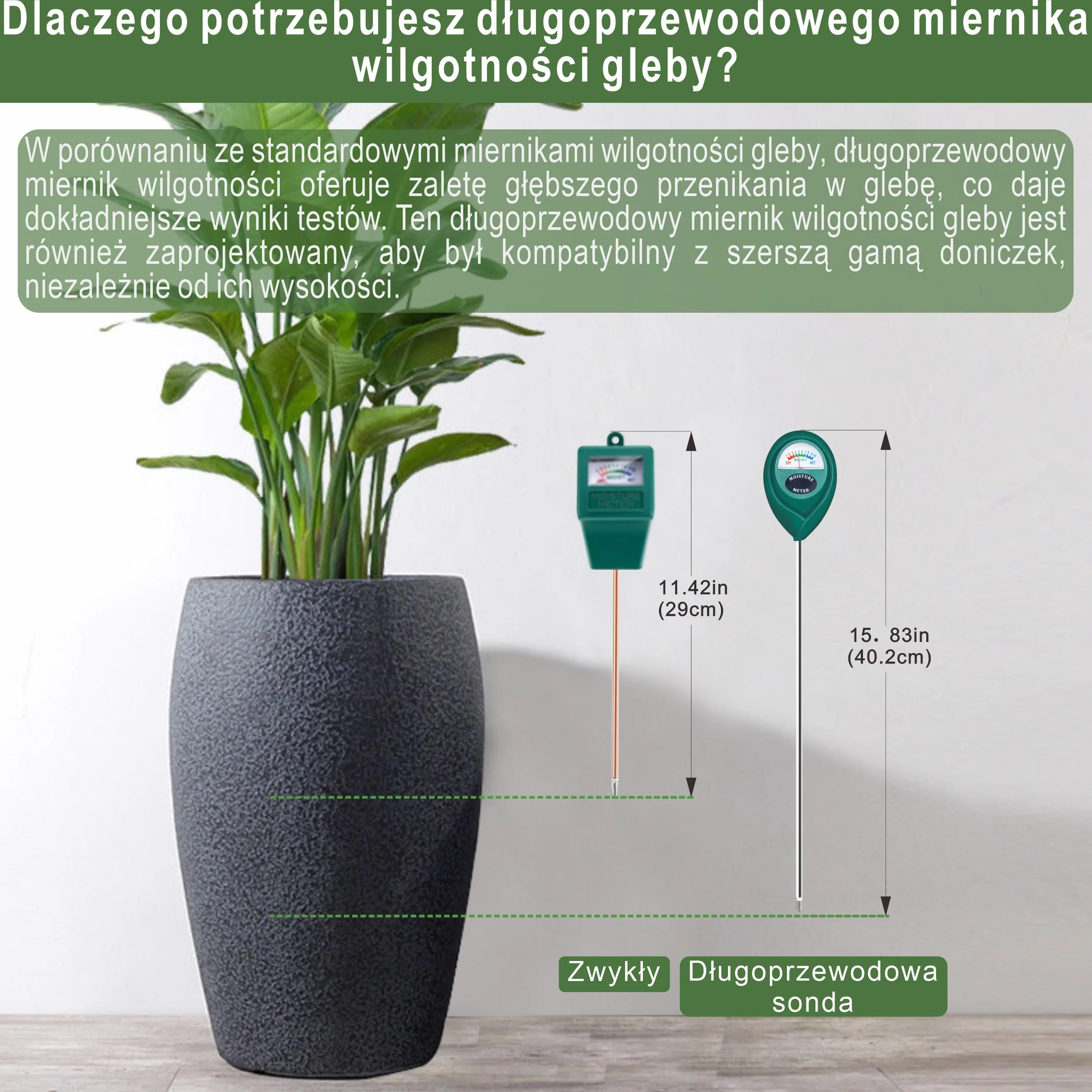 Higrometr do gleby, miernik wilgotności, długa sonda, tester ogrodniczy, bez baterii