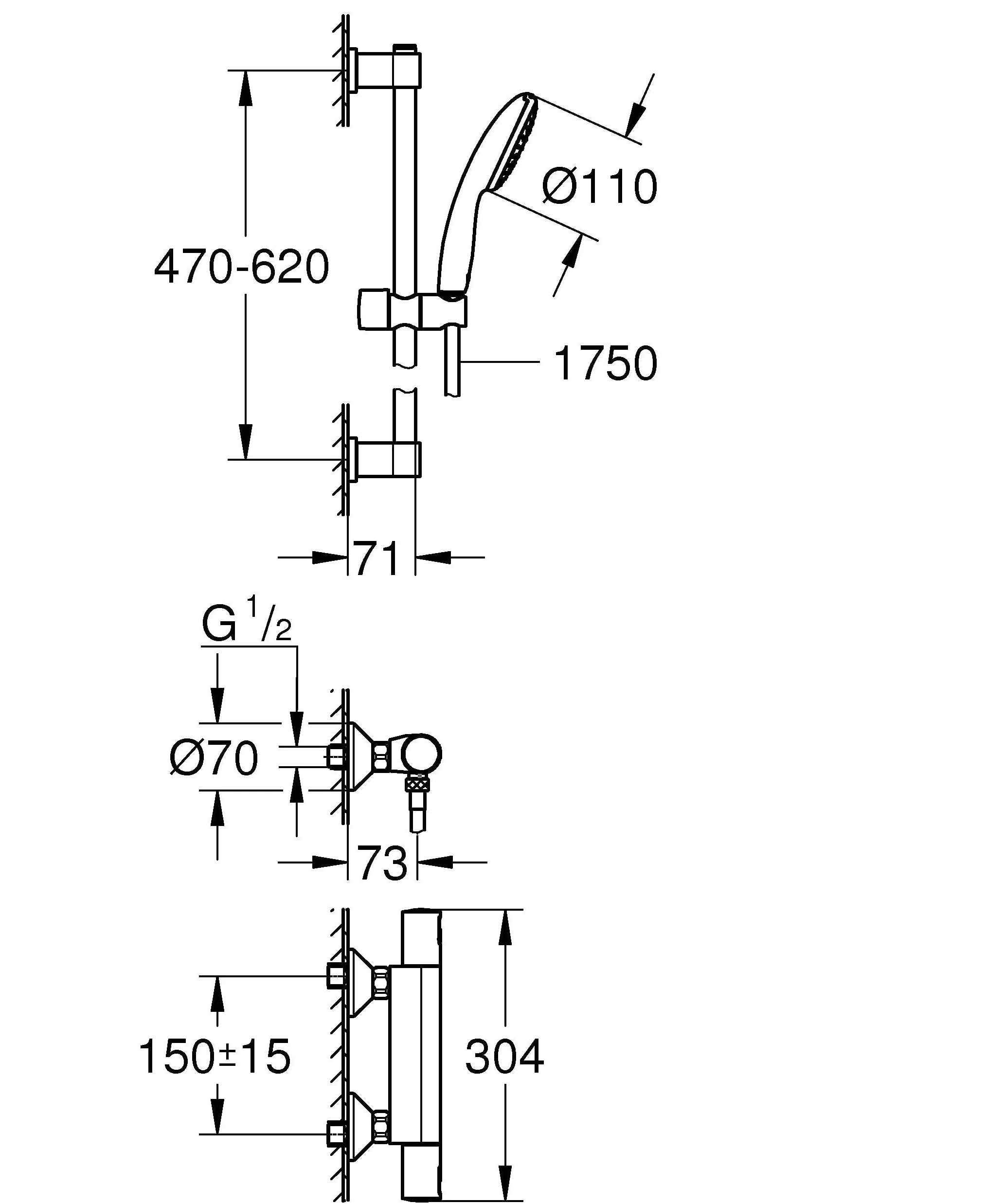 GROHE Precision Start 345972431 termostat oszczędzający wodę ~9 l/min (1 rodzaj strumienia, blokada bezpieczeństwa w temperaturze 38°C, drążek prysznicowy 60 cm, wąż prysznicowy 175 cm), okrągły,