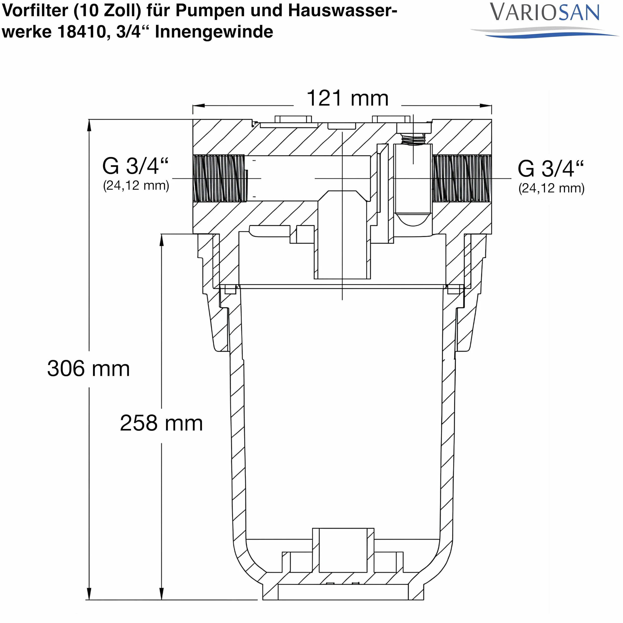 VARIOSAN Filtr wstępny 10 cali do pomp wodnych gwint wewnętrzny 3/4" 8 bar 6000 l/h 0,06 mm