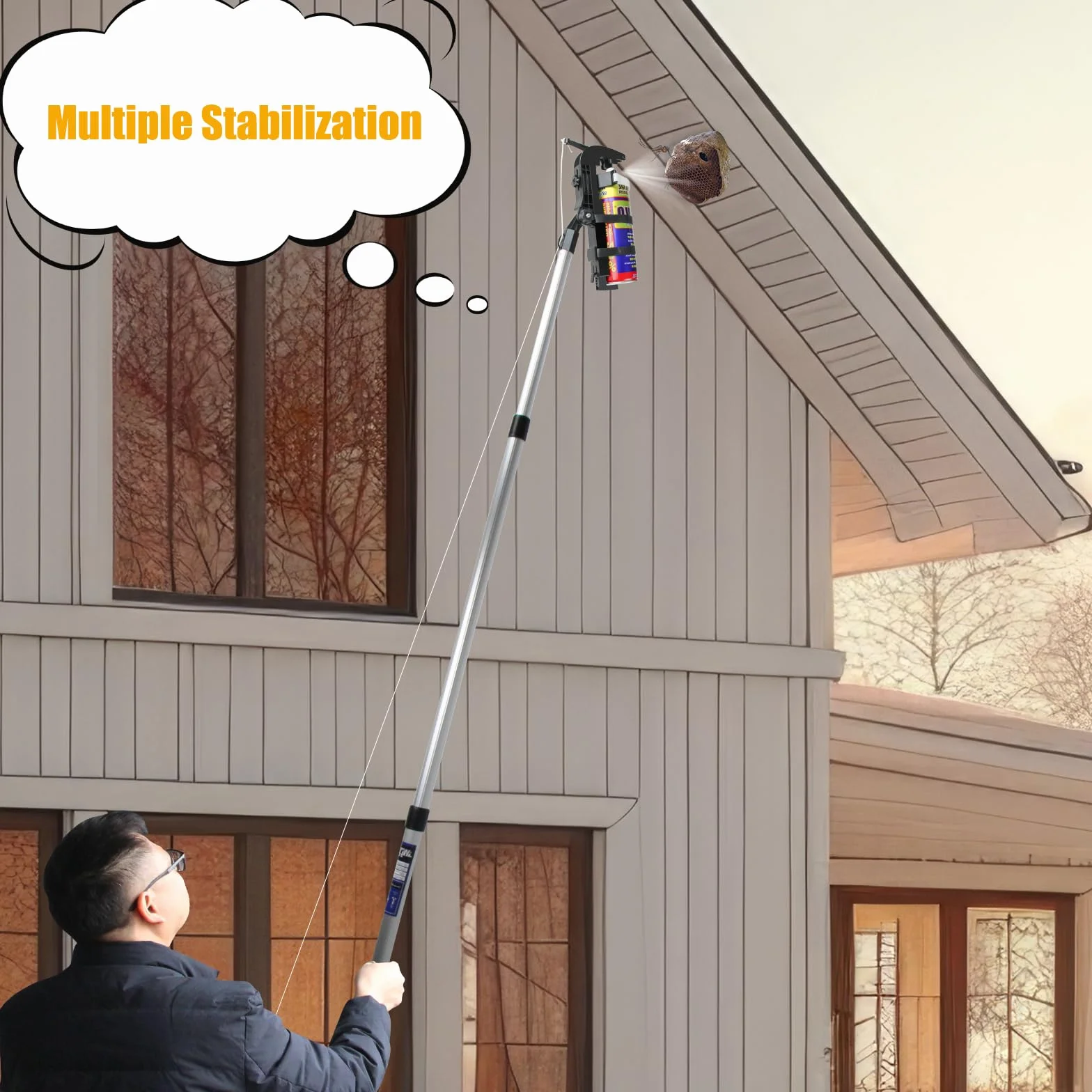 Adapter do puszek z rozpylaczem, uchwyt na puszki z rozpylaczem, rozszerzona wersja z drążkiem teleskopowym 3,6 m, gwint 3/4", przedłużka puszki z rozpylaczem, regulowany kąt, drążek natryskowy do os