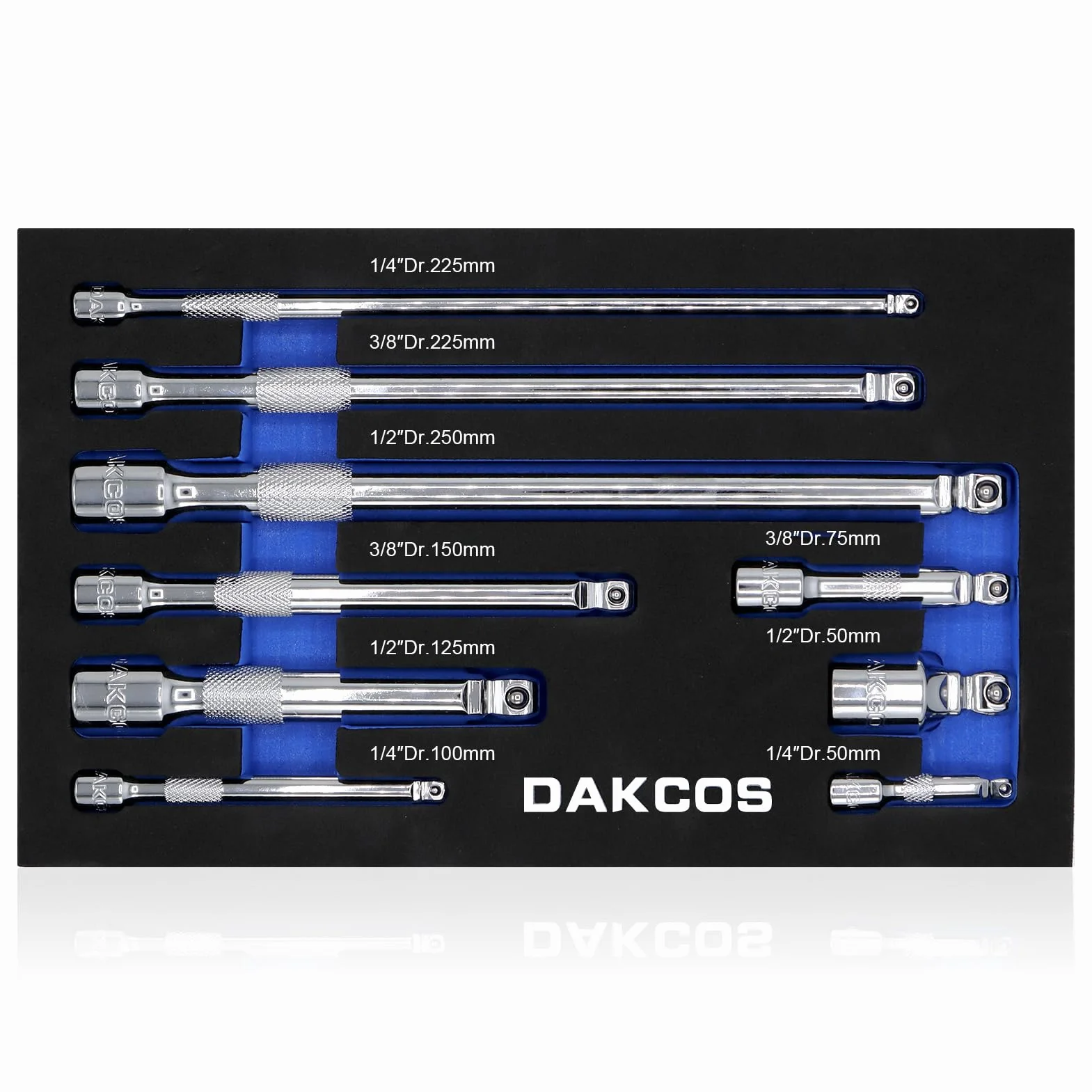DAKCOS 9-częściowy zestaw przedłużeń z grzechotką 1/4", 3/8", 1/2", przedłużka wahadłowa do klucza nasadowego, stal CR-V