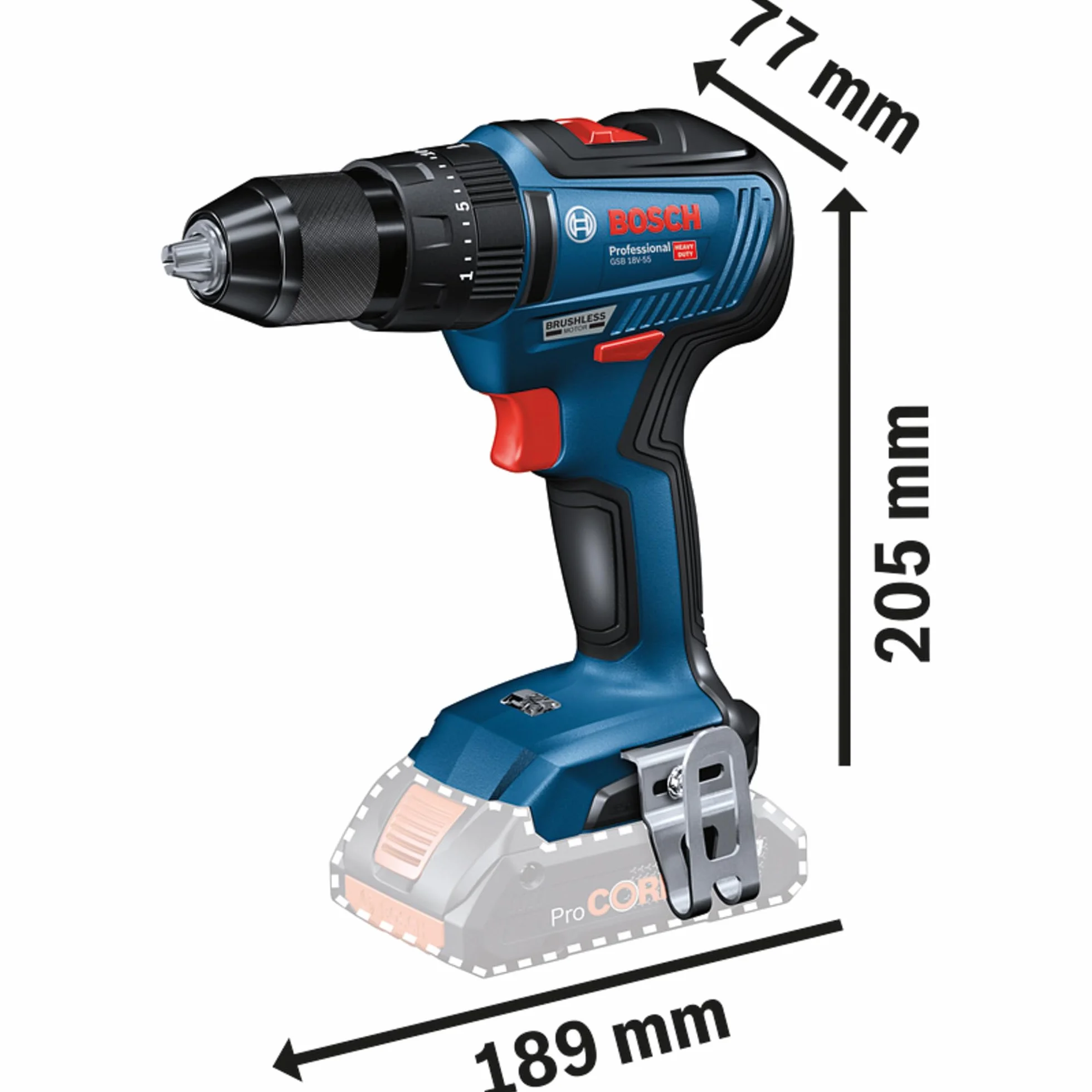 Bosch Professional System profesjonalny 18 V firmy : akumulatorowa wiertarko-wkrętarka udarowa GSB 18V-55 (moment obrotowy 55 Nm, bez akumulatorów i ładowarki, opakowanie kartonowe)