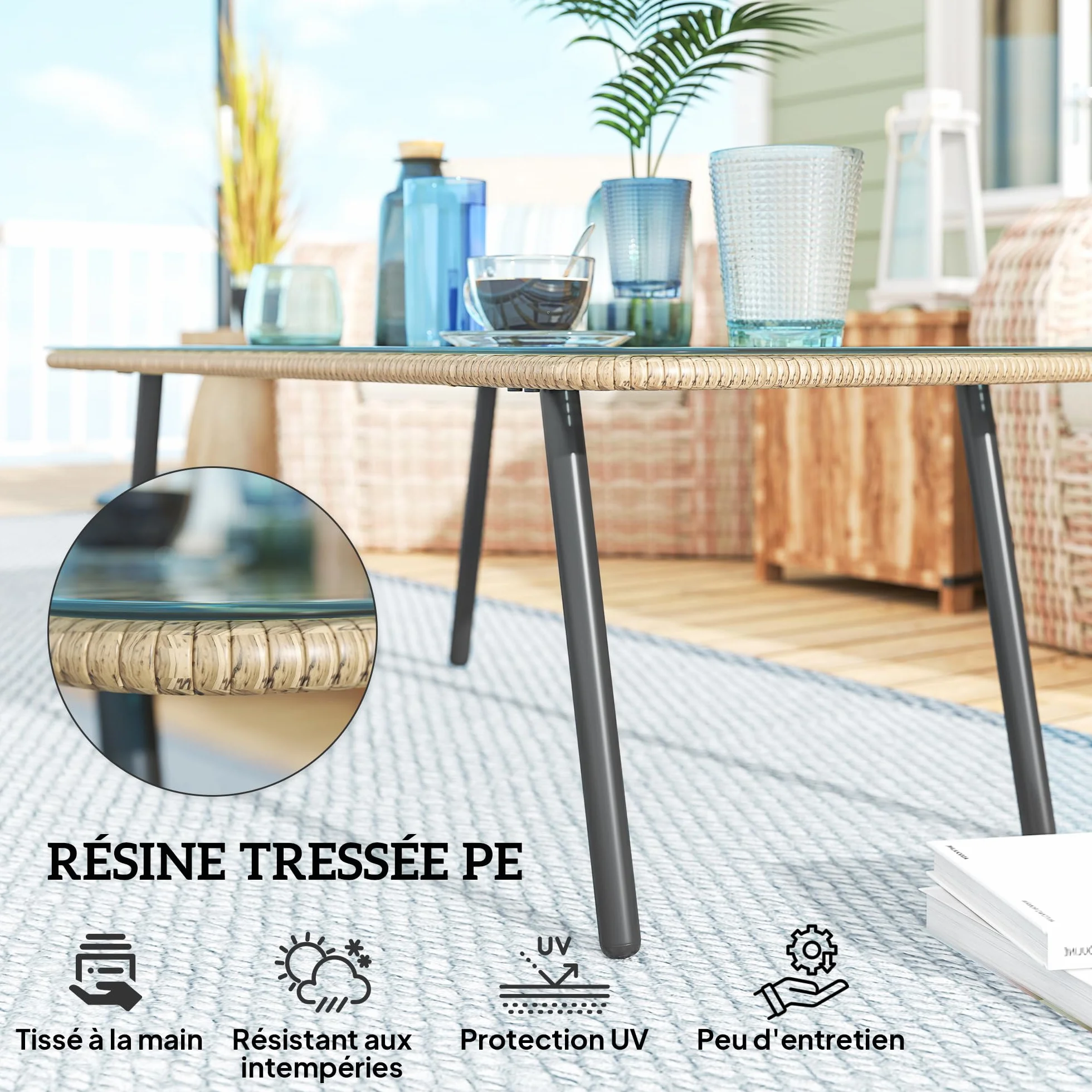Outsunny Stolik ogrodowy z plecionej żywicy, blat ze szkła hartowanego, stolik pomocniczy do użytku na zewnątrz, do ogrodu, na taras, patio, balkon, stalowa rama, 110 x 60 x 40 cm, z efektem