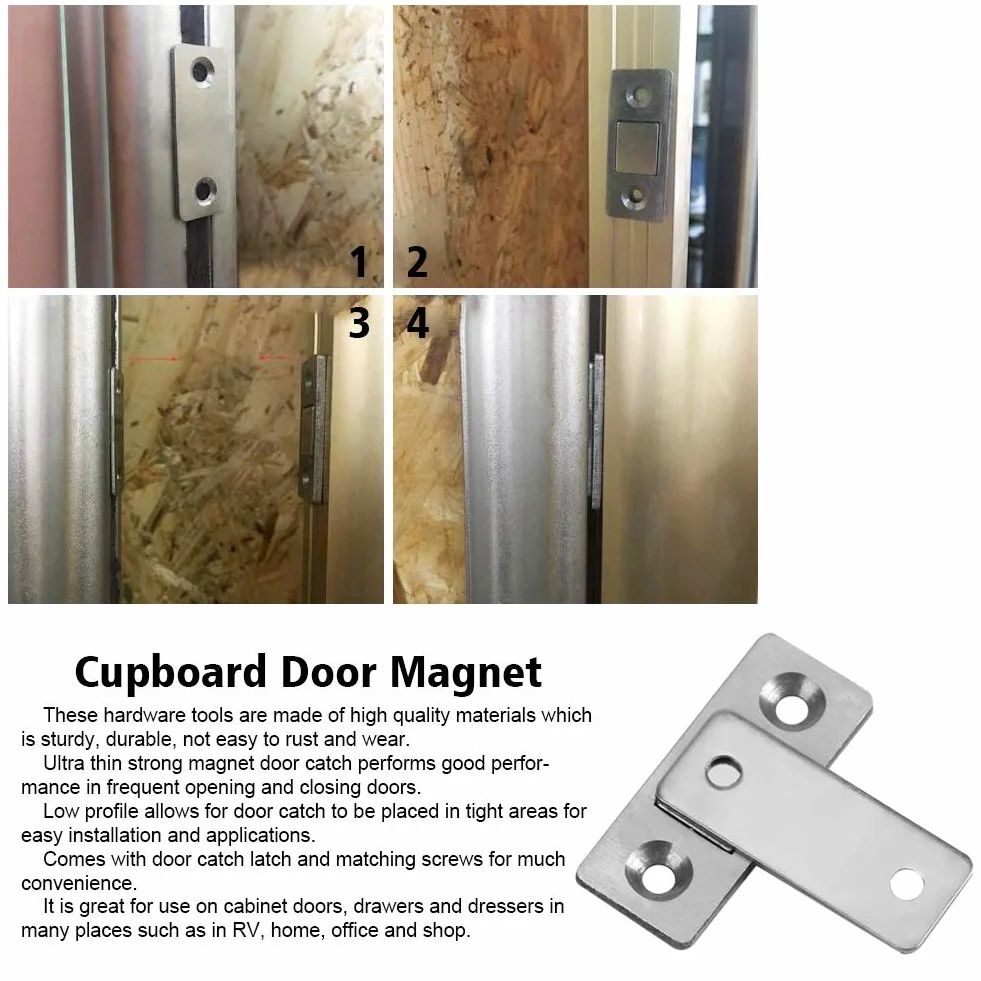 Magnetyczny zamek do drzwi, ultra cienki mocny magnetyczny uchwyt na drzwi do szafy na meble stalowy zatrzask do szafy na drzwi z wkrętami, mocny, ultracienki, metalowy do szafy kuchennej zamknięcie