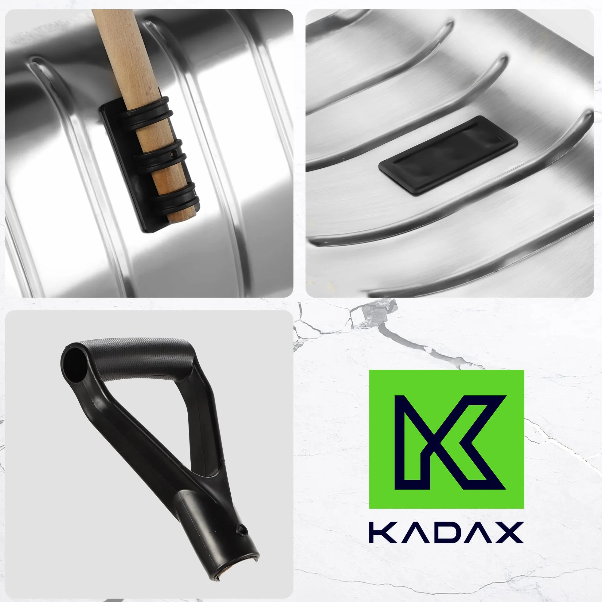 KADAX Łopata do śniegu aluminiowa z drewnianym trzonkiem i uchwytem D, ergonomiczna, lekka i wytrzymała, szerokość 50 cm - skuteczne odśnieżanie podjazdów i chodników