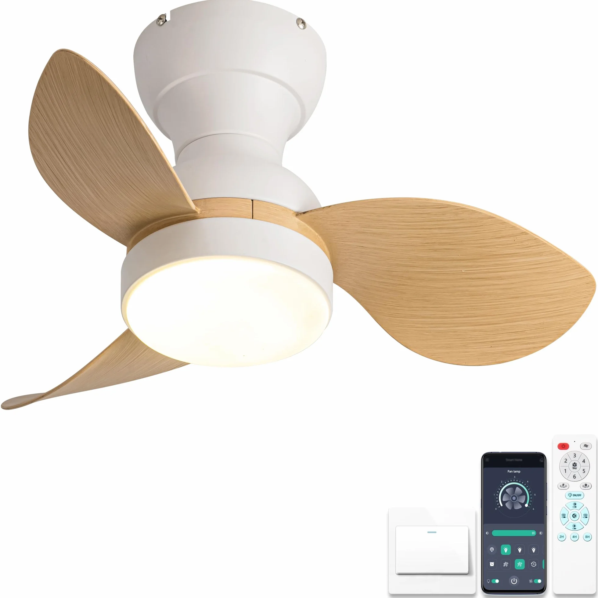 Ø56cm Mini wentylator sufitowy z lampą i pilotem zdalnego sterowania, mały wentylator sufitowy z oświetleniem, odwracalny tryb letni i zimowy, 6 biegów, cichy silnik DC, Biały + żyłkowanie