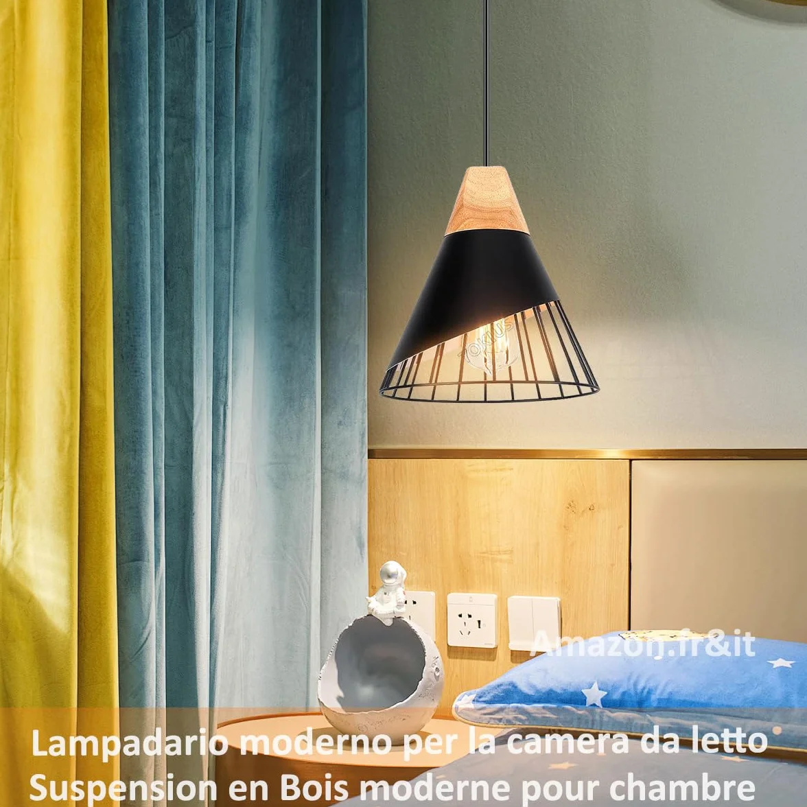 Lampa wisząca Nowoczesny przemysłowy drewniany żyrandol abażur Vintage Metal Kształt Klatka Ø25cm Lampa sufitowa E27 Projekt do kuchni, sypialni salonu (czarny -2 szt.)