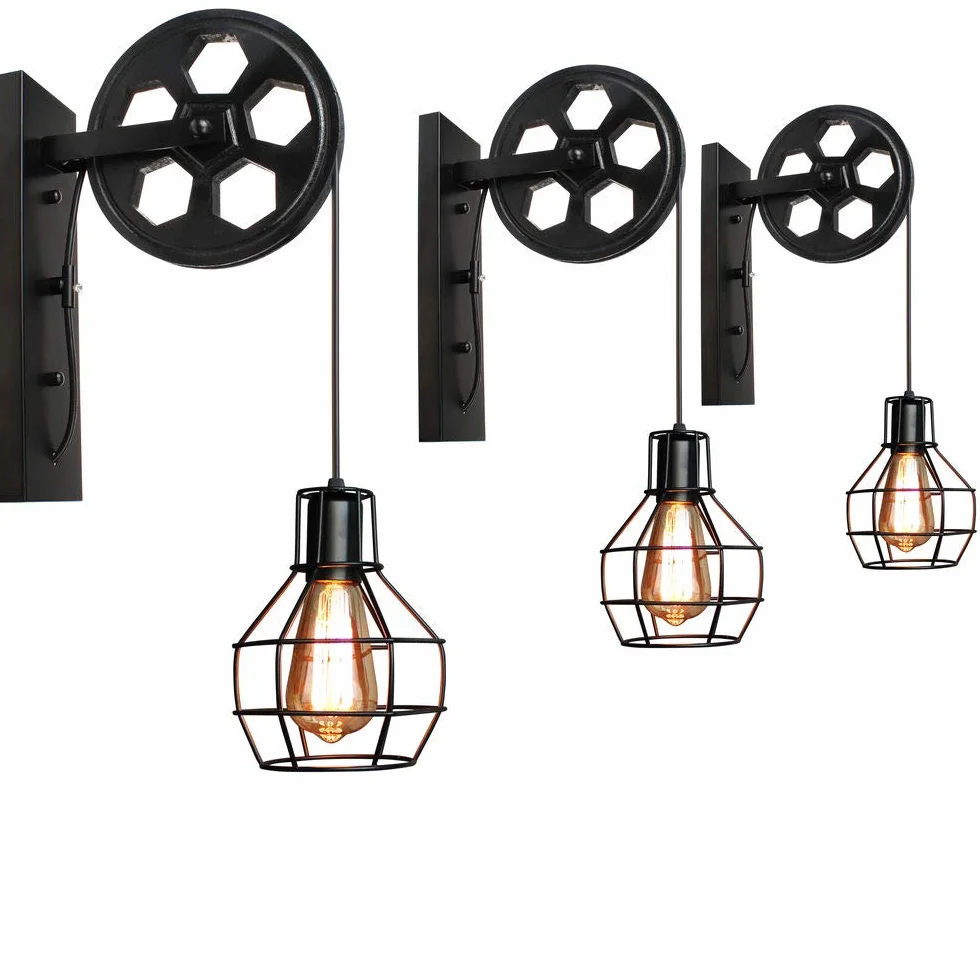 Lampa ścienna Vintage Industrialna Kinkiet Pulley Wewnętrzny Retro Lampa Wisząca E27 Metal Klatka Czarny Loft Stylu dla Sypialnia Regulowana Lina 60W Kinkiet (3 szt)