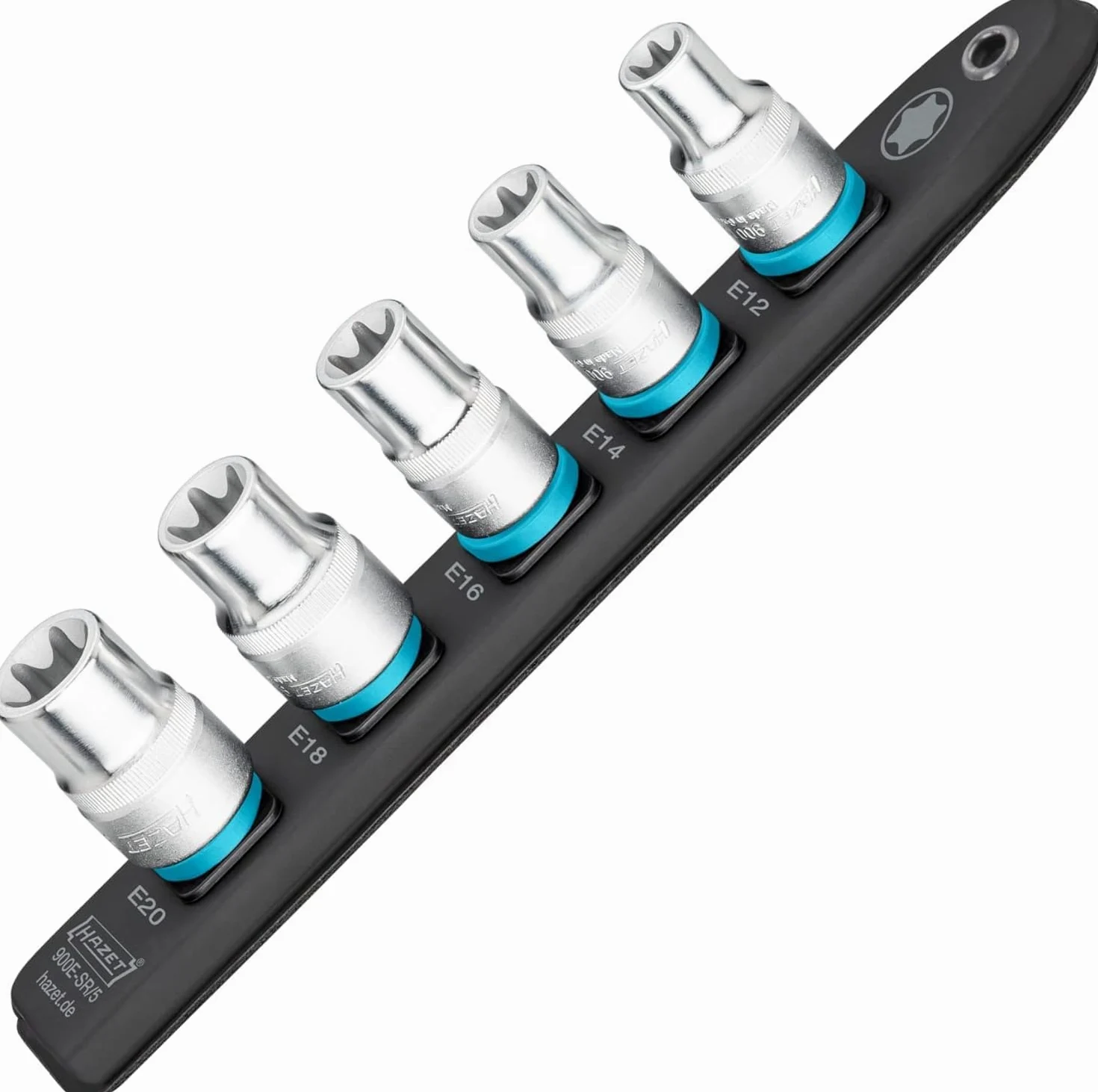 HAZET Smart-Rail 900E-SR/5 I magnetyczny spód z 5 gniazdami, napęd: kwadrat 12,5 mm (1/2 cala), wyjście: zewnętrzny profil TORX I plastikowa szyna na klucze nasa