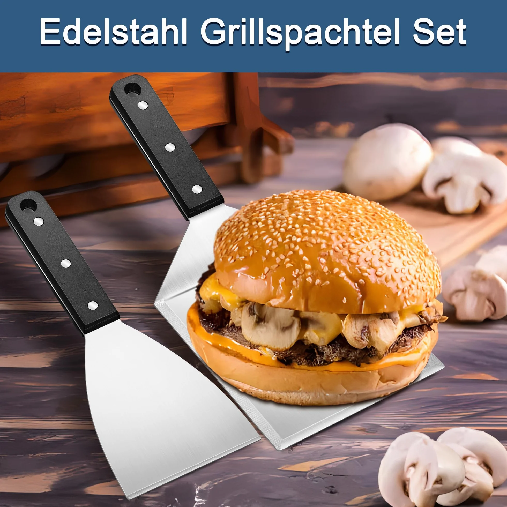 Herogo Zestaw szpatułek do grilla, 2 sztuki szpatułek do planchy ze stali nierdzewnej i duża łopatka do grilla, do smash burgerów, teppanyaki, akcesoria do grilla, prezenty dla mężczyzn, nadają się do