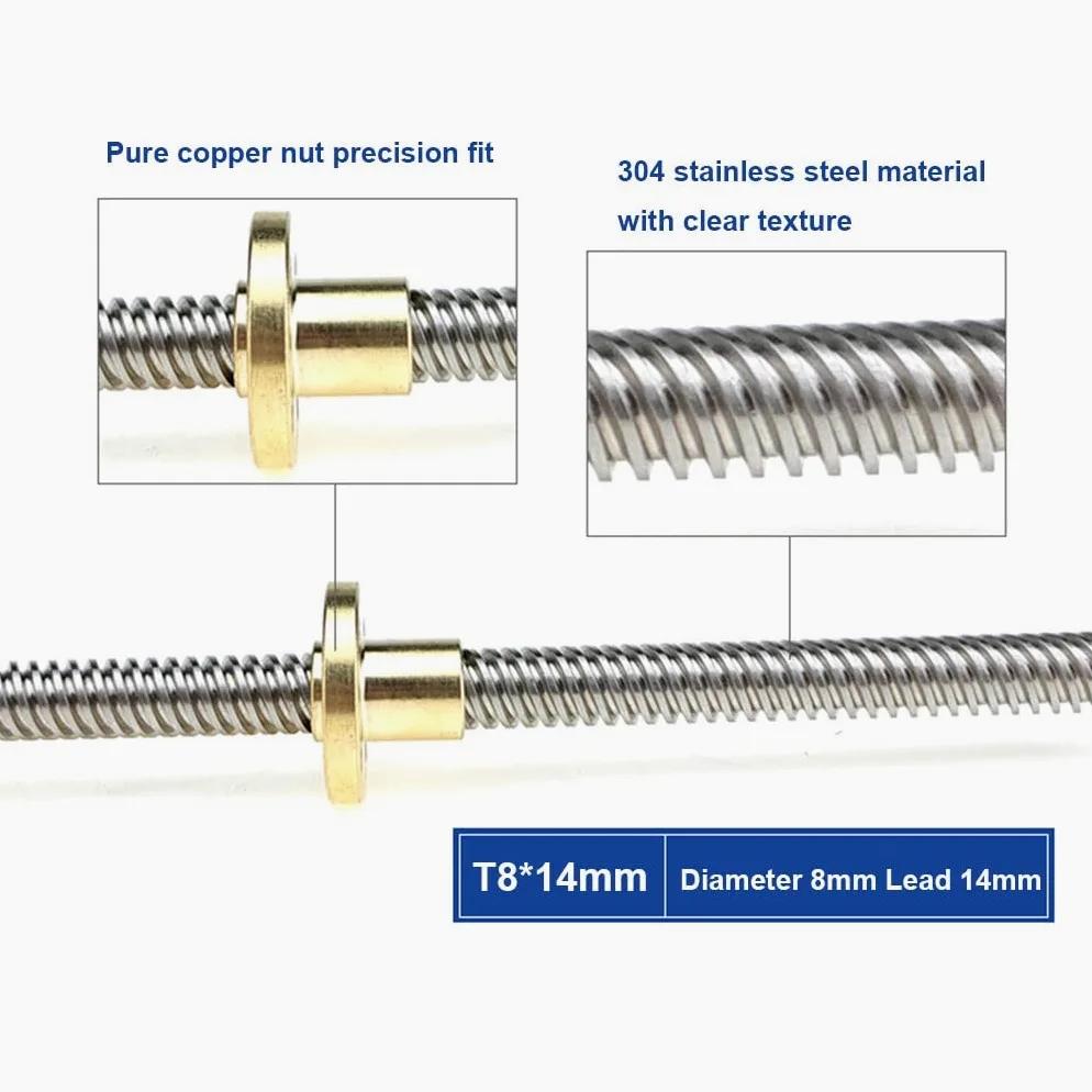T8 Śruba Trapezowa Ze Stali Nierdzewnej + Nakrętka Miedziana Długość 100-1200 Mm Skok 14 Mm Śruba Typu T 1 Szt./1200Mm With Nut