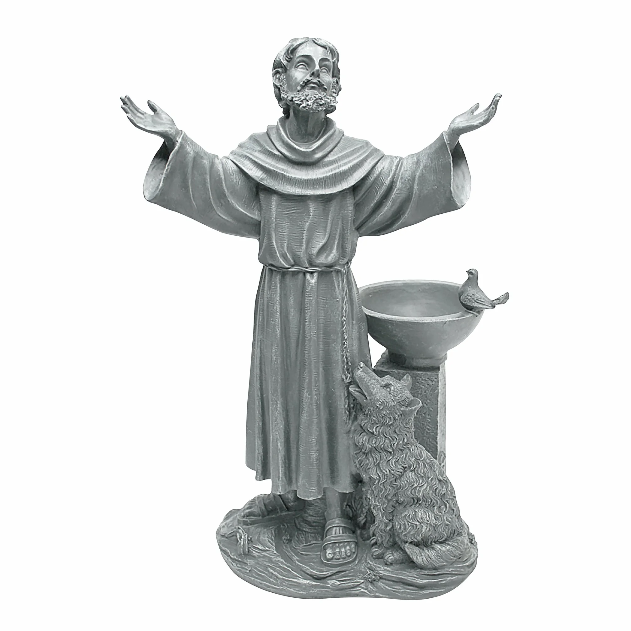 Design Toscano błogosławieństwo św. Franciszka religijna statuetka ogrodowa z karmnikiem dla ptaków 48 cm żywica poliestrowa szary kamień zielony