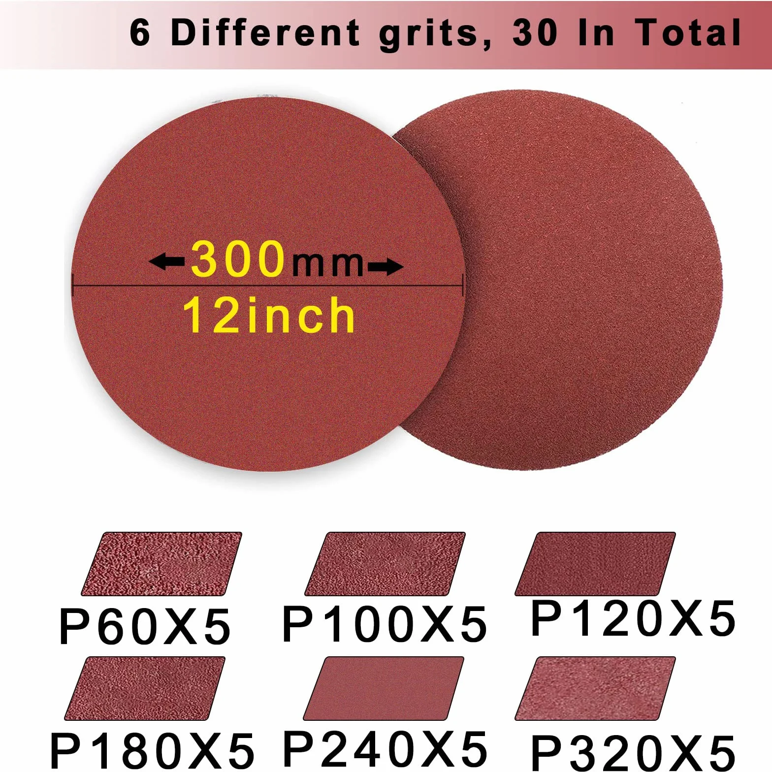 FEIHU Tarcze szlifierskie 300mm ziarnistość 5XP60, 100, 120, 180, 240, 320. Nakładka na rzep 300mm do szlifierek talerzowych, szlifowania/polerowania