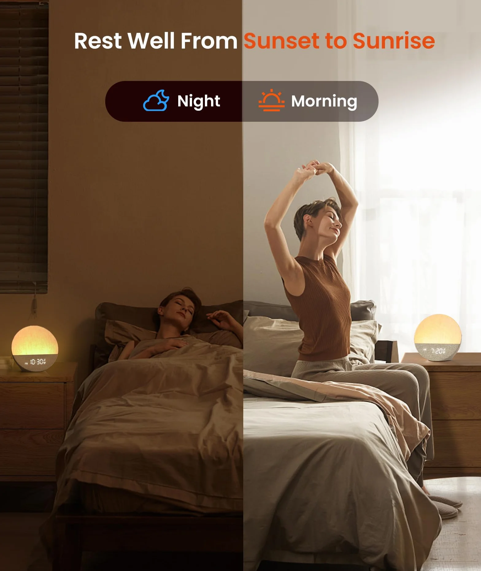 Dreamegg Sunrise świecący budzik, biały z 29 uspokajającymi dźwiękami, konfigurowalne rutyny snu, symulator wschodu słońca, szum, biały, dziecko z 9 lampkami nocnymi