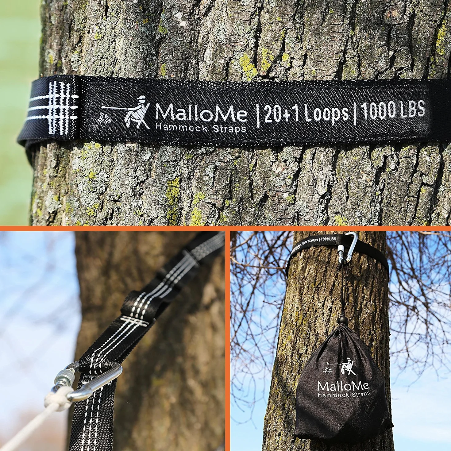 MalloMe XL Paski do hamaka, zestaw 2000+ LBS Heavy Duty 40 pętli i 100% system zawieszenia bez rozciągliwości, akcesoria do hamaka kempingowego, 2 karabińczyki, 30 metrów