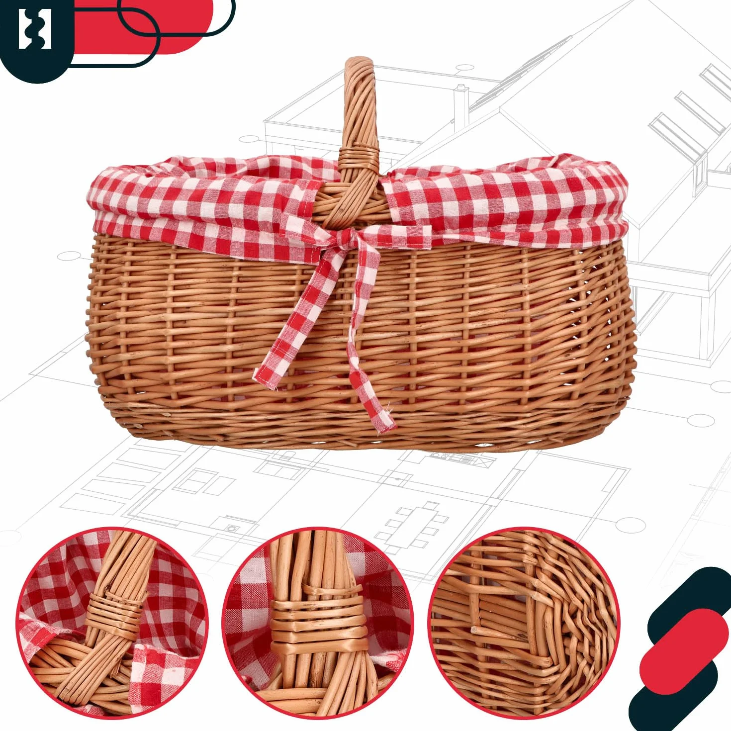 KOTARBAU® Kosz Wiklinowy na Zakupy - 46 x 32 x 43 cm - Koszyk Piknikowy - Kosz na Grzyby - Koszyk Wielkanocny - Owalny - Czerwona Wyściółka - Wkład - Obszycie Krata